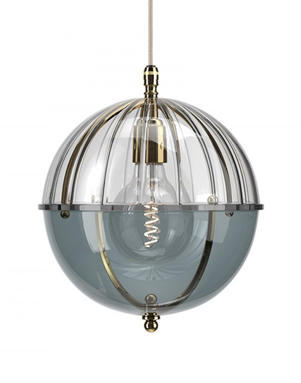 Fritz Fryer Grafton Globe Pendant Polished Brass Ribbed Smoked Clear Designer Pendant Lighting