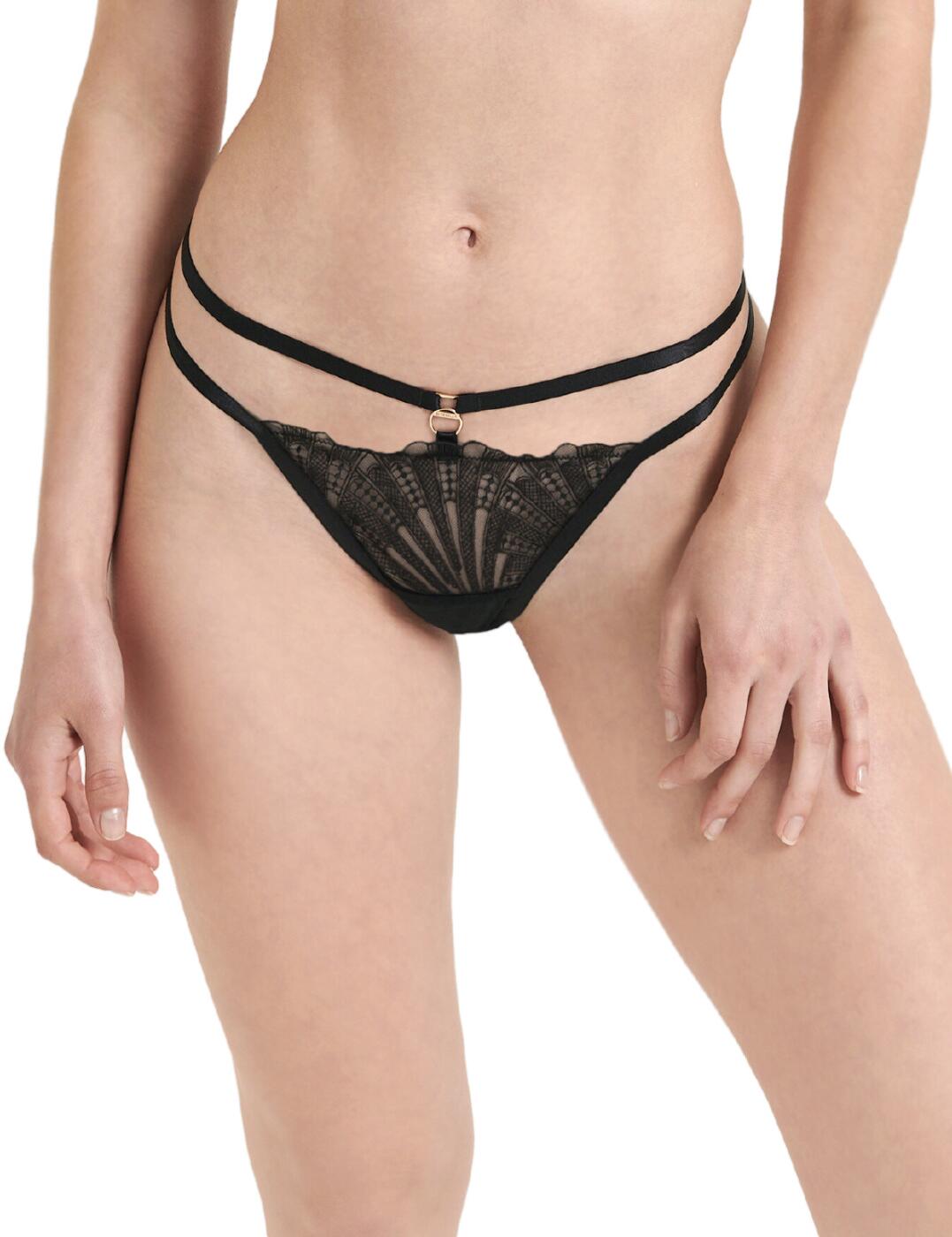Designed to be contemporary and chic, the Hallie collection by Bluebella is not one you're going to want to miss! Tease your senses with this double-row thong for a unique look this season. Featuring a seductive lace front panel and a strappy detailing that allows this piece to sit snugly on your hips. With minimal rear coverage, this strappy thong is designed to ensure no VPL. Complete this flirty set by styling with the matching bra also found in the Hallie range.  Strappy thong Lace front panel Gold-tone hardware Minimal rear coverage Matching coordinates available Country of origin: China Composition: Main: 71% Polyamide &pipe; 20% Elastane &pipe; 9% Elastane Composition: Gusset: 100% Viscose Listed in UK size  59785-104559-1377466 41710 Thong