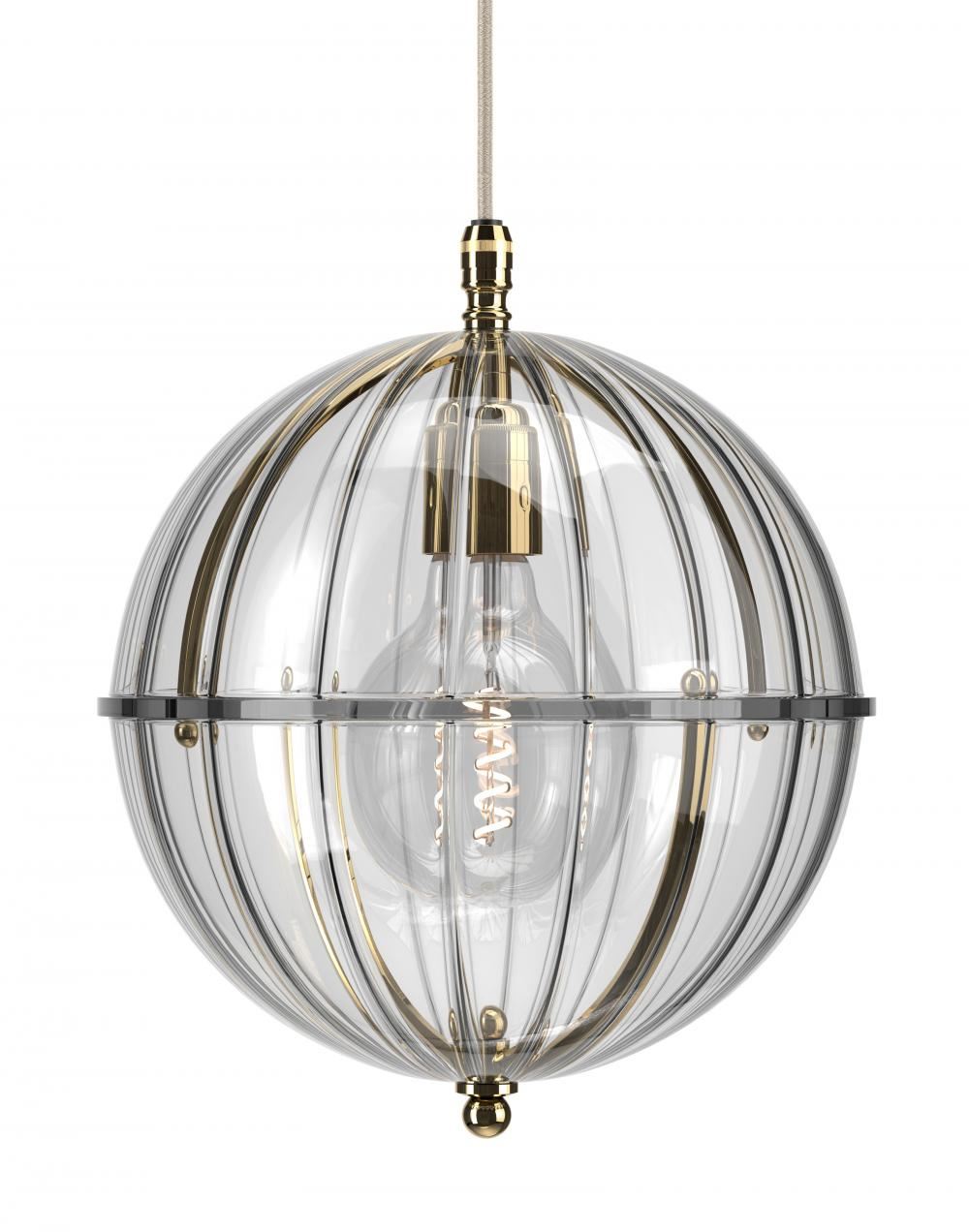 Fritz Fryer Grafton Globe Pendant Polished Brass Ribbed Ribbed Clear Designer Pendant Lighting