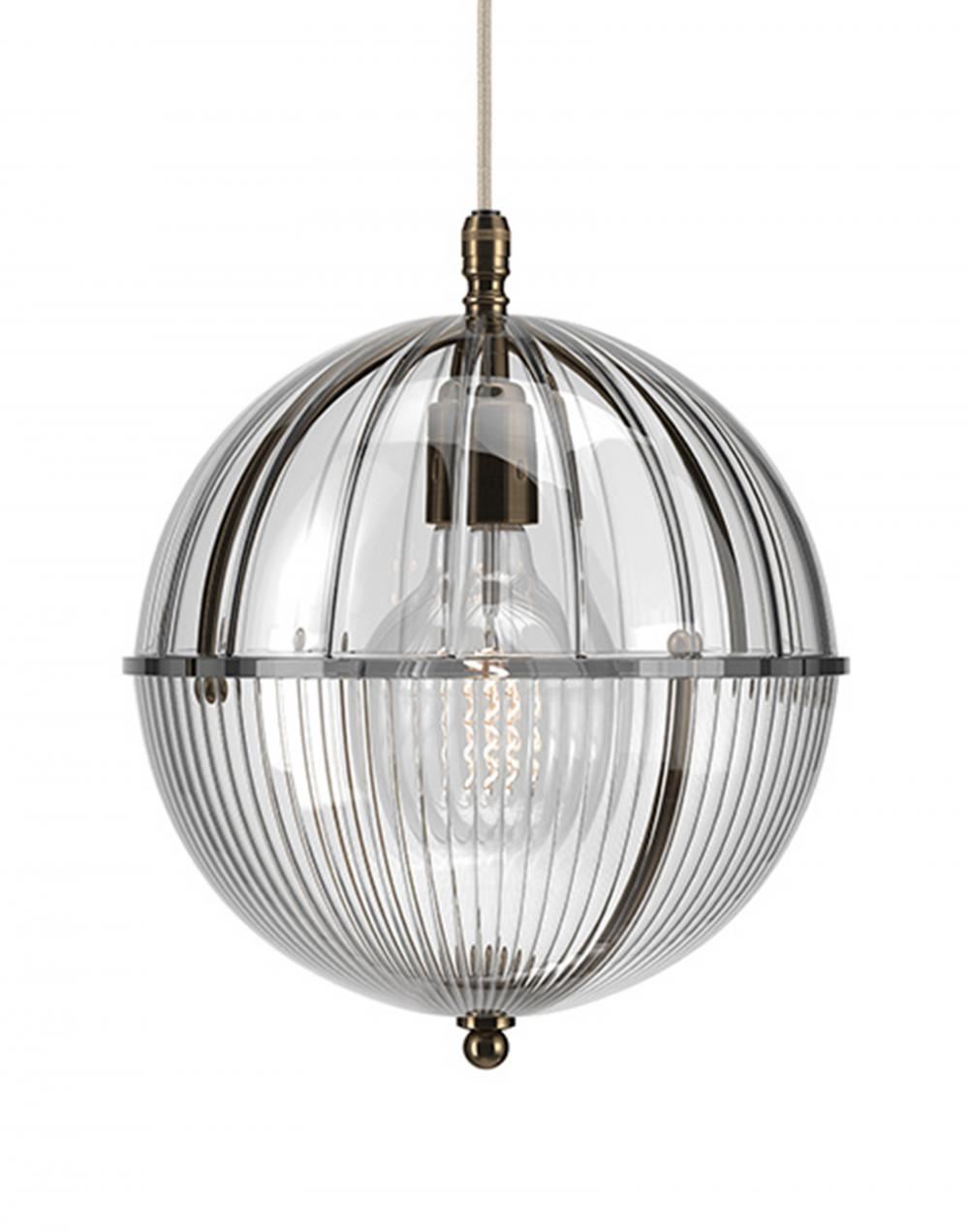 Fritz Fryer Grafton Globe Pendant Antique Brass Ribbed Skinny Clear Designer Pendant Lighting