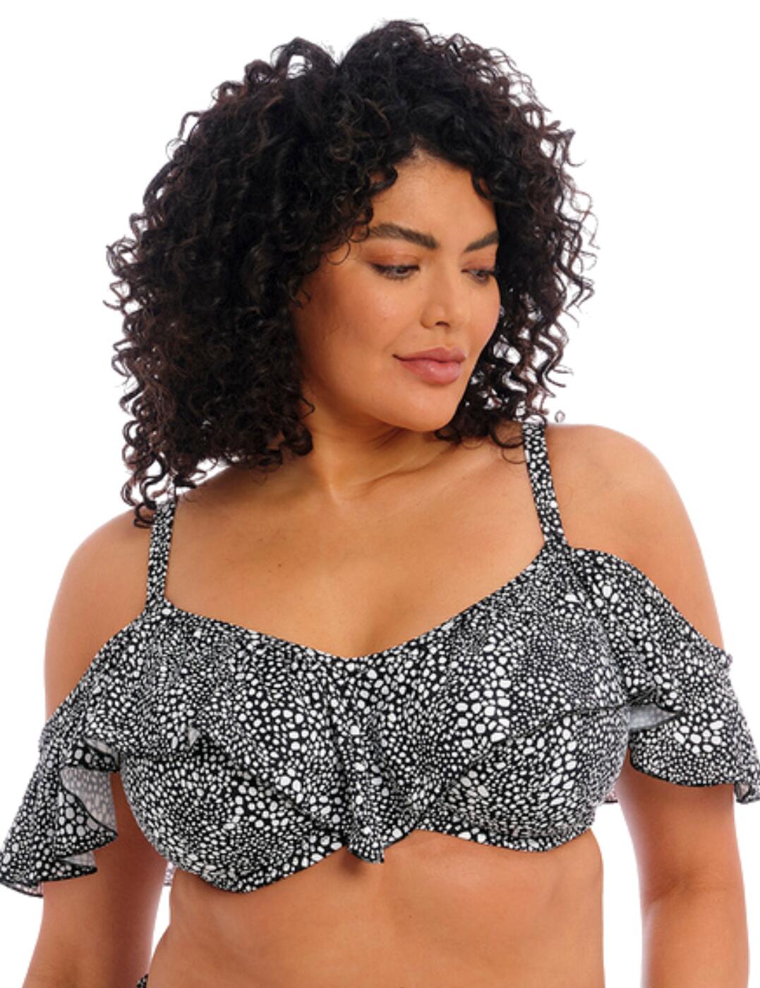 This unique and stylish bikini top is a must-have in your swimwear collection by the Pebble Cove line by Elomi. This bikini top has underwiring and non-padded cups for utmost comfort and support all day. The adjustable straps allow you to tailor this piece to your amazing curves and a clasp fastening ensures a secure fit. This look also features a flattering and feminine on or off-ruffle shoulder design. The material is lightweight and is made from Lycra Xtra life allowing this to be more durable and long-lasting. Finishing off the design with a stylish print that is recognisable to the Pebble Cove line by Elomi. Pair this up with any of the matching coordinates available.  Stylish bikini top On or off ruffle shoulder detail Adjustable shoulder straps Full coverage Clasp fastening Lycra Xtra life material for longer life Underwired for support Non-padded cups Matching coordinates available Country of origin: Indonesia Composition: 82% Polyamide &pipe; 18% Elastane Listed in UK sizes  59799-104575-1369638 801106 Full Cup Bikini Top