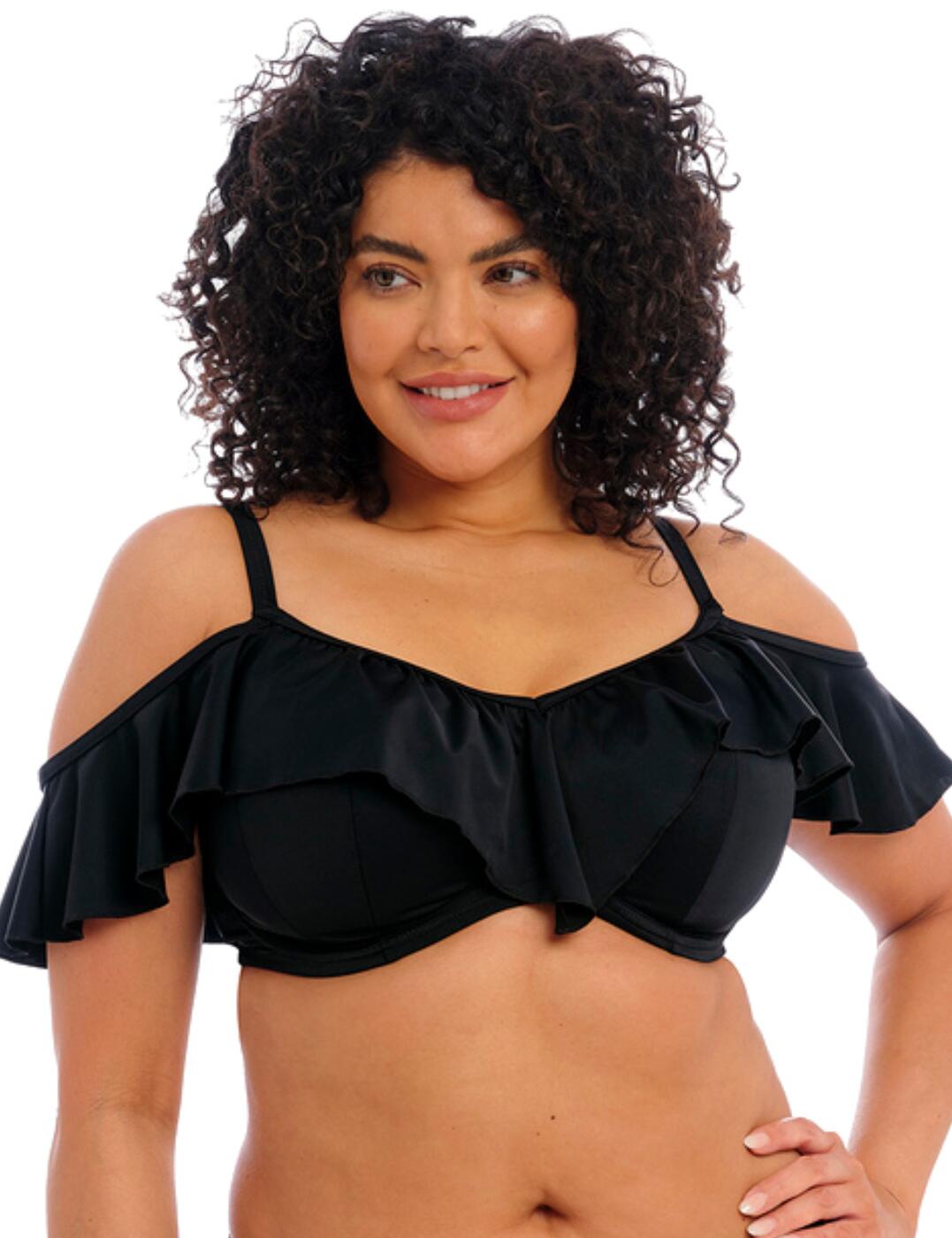 Elomi introduces the stunning Plain Sailing collection this season. A timeless bikini top, this piece has underwired, non-padded cups to support and uplift your bust. Full coverage cups ensure a comfortable feel with the adjustable straps meaning you can adjust the fit to your individual curves. Crafted with a Lycra Xtra life material for utmost durability. This design has a flirty on or off-the-shoulder ruffle detail that finishes off the look perfectly. Fastened at the rear with a traditional clasp closure for a secure fit. To complete this look, take advantage of the matching coordinates available from Elomi's Plain Sailing range.  Timeless bikini top Underwired for support Ruffle shoulder detail Adjustable shoulder straps Non-padded cups Full coverage Clasp fastening Lycra Xtra life material for longer life Matching coordinates available Country of origin: Sri Lanka Composition: 82% Polyamide &pipe; 18% Elastane Listed in UK sizes  59810-104586-1369804 7283 Full Cup Bikini Top