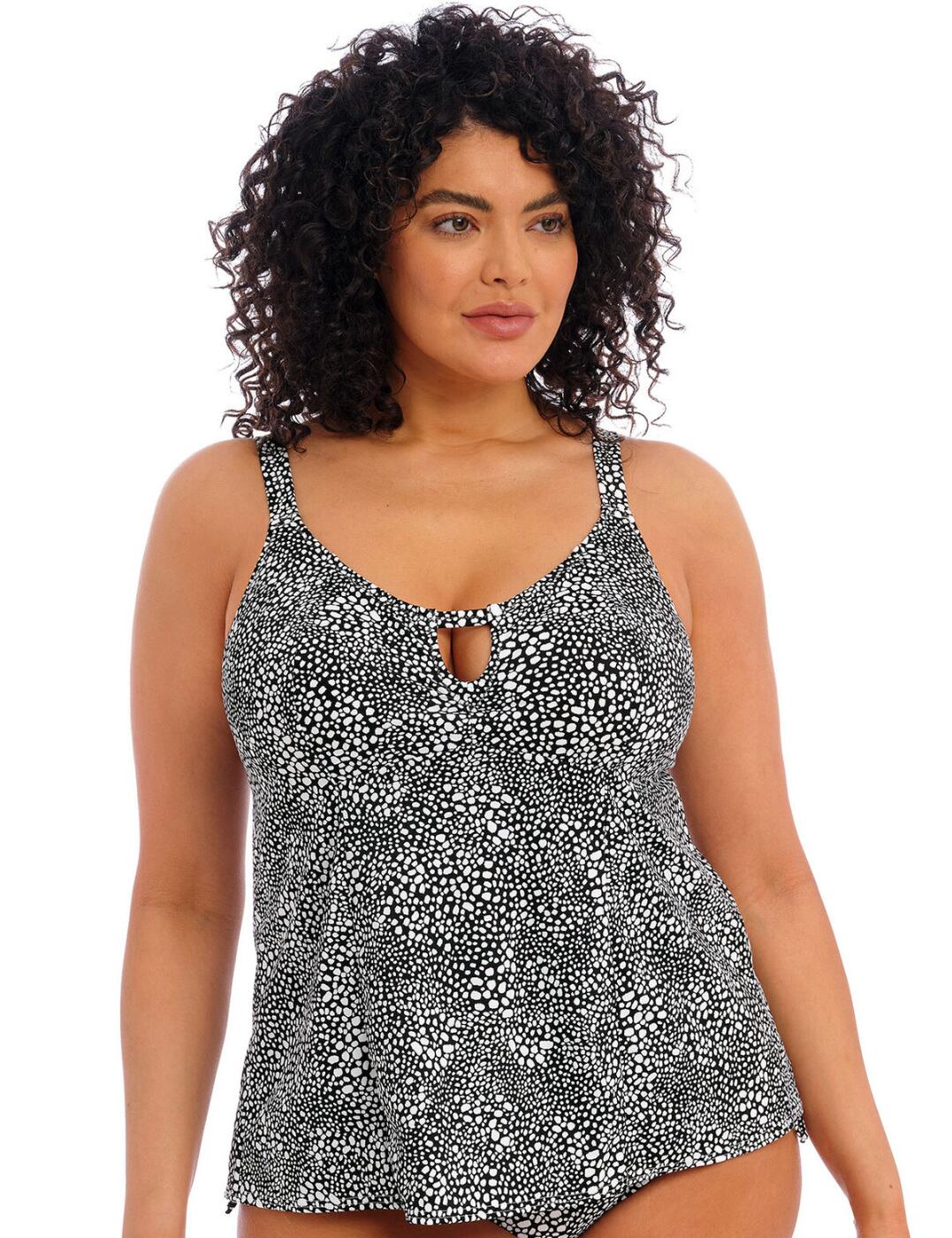 Introducing this eye-catching tankini top from the Pebble Cove range by Elomi that is an absolute must-have in your swimwear collection. This piece has moulded cups and is wireless for the utmost comfort and shape. This flattering flared design has adjustable shoulder straps and a pull-on design which makes this item easy to wear and comfortable. This material is lightweight and made from Lycra Xtra Life material for durability. This chic design has a fashionable print and a stylish keyhole feature in the centre bust, finishing this look off perfectly. To complete this look, take advantage of the matching available coordinates from the stylish Elomi's Pebble Cove line.  Stylish cut-out tankini top Non-wired cups Adjustable shoulder straps Pull-on design Moulded cups Light Lycra Xtra material Flared design Matching coordinates available Country of origin: Indonesia Composition: 81% Polyamide &pipe; 19% Elastane Listed in UK sizes  59815-104591-1369913 801161 Non-Padded Tankini Top