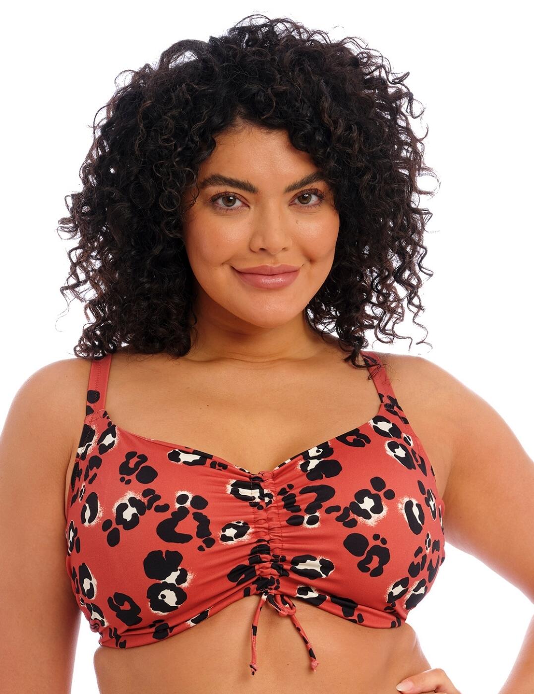 Add a fun fierce new look to your swimwear collection with this animal-inspired bikini top from the trendy Kotiya collection by Elomi. The stylish design features an adjustable ruched centre detail which allows you to control the cup coverage to your preferred style. The Lycra Xtra Life material ensures premium quality. A concealed underwire offers added support and a classic clip fastening ensures a secure fit. For a bold stylish look, wear with matching bikini briefs from the Kotiya collection by Elomi.  Stylish balcony bikini top Vibrant animal print Adjustable ruched detail Lycra Xtra Life fabric Concealed underwire Adjustable shoulder straps Secure clip fastening Non-padded cups Country of origin: Sri Lanka Composition: 84% Polyamide &pipe; 16% Elastane Listed in UK sizes  59830-104608-1369977 800906 Balcony Bikini Top