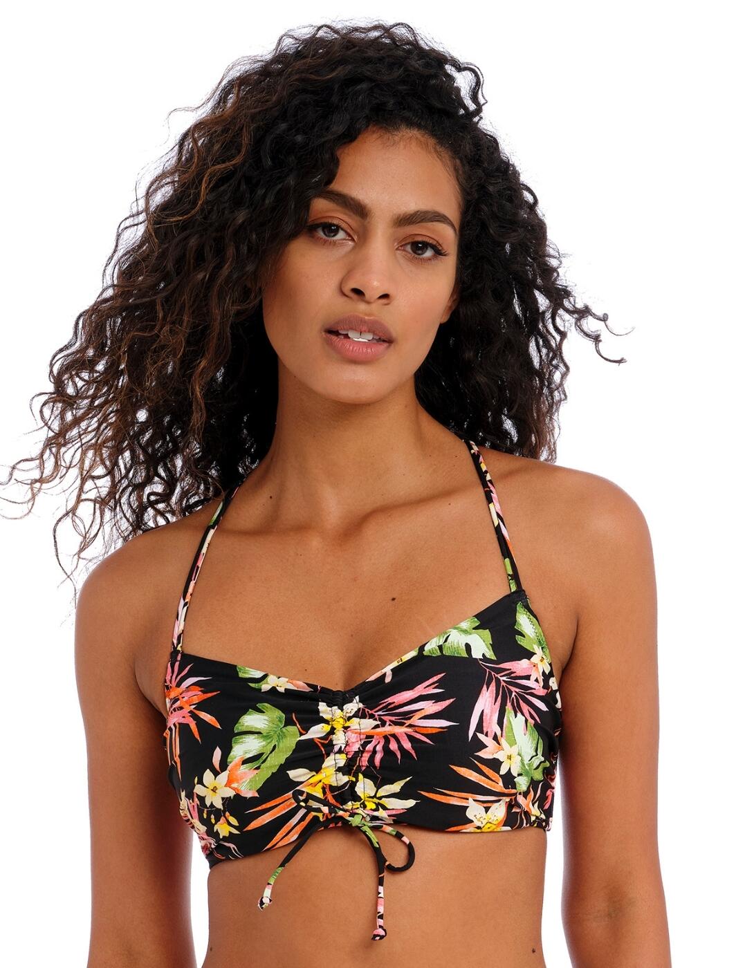 Strike a pose in Freya's Savanna Sunset collection this season. Brighten your swimwear collection with this tropics-inspired bikini top. Customise the shape to your desired fit using the tie at the centre front to be full or a flirty plunge coverage, the choice is up to you! The flattering adjustable centre tie design creates a ruching effect on your bust. You can also adjust the back straps and convert them into a cross-back style or stay with the original fit. Featuring a concealed underwire to enhance your shape while keeping you supported and secure. Finish this look by pairing it with the coordinating briefs also in the Savanna Sunset range.  Bralette bikini top Tropical floral print Customisable coverage Non-padded cups Concealed underwiring Gathering at the centre front with a tie to customise coverage Concealed stitching for outerwear bralette look Adjustable shoulder straps Classic back clasp closure Matching coordinates available Country of origin: Indonesia Composition: 83% Polyamide &pipe; 17% Elastane Listed in UK size  59840-104618-1370153 204114 Bralette Bikini Top