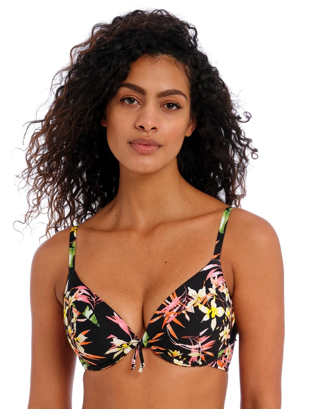 Embrace the tropics with the Savanna Sunset collection by Freya. Strut the poolside in this teasingly deep plunging bikini top embellished in a bright botanical print. Featuring underwired, padded cups which help support and create a volumised shape for your bust. The small tie detail at the centre front adds a feminine flair to this piece. Adjust the shoulder straps to your preferred fit and finish the look by closing the classic back fastening and you're ready to go! Coordinate into a set by pairing with stylish matching bikini briefs.  Plunging bikini top Tropics-inspired design Underwired Padded cups Tie detail at centre front Adjustable shoulder straps Classic back clasp closure Matching coordinates available Country of origin: Indonesia Composition: 85% Polyamide &pipe; 15% Elastane Listed in UK size  59843-104621-1370213 204127 Padded Plunge Bikini Top