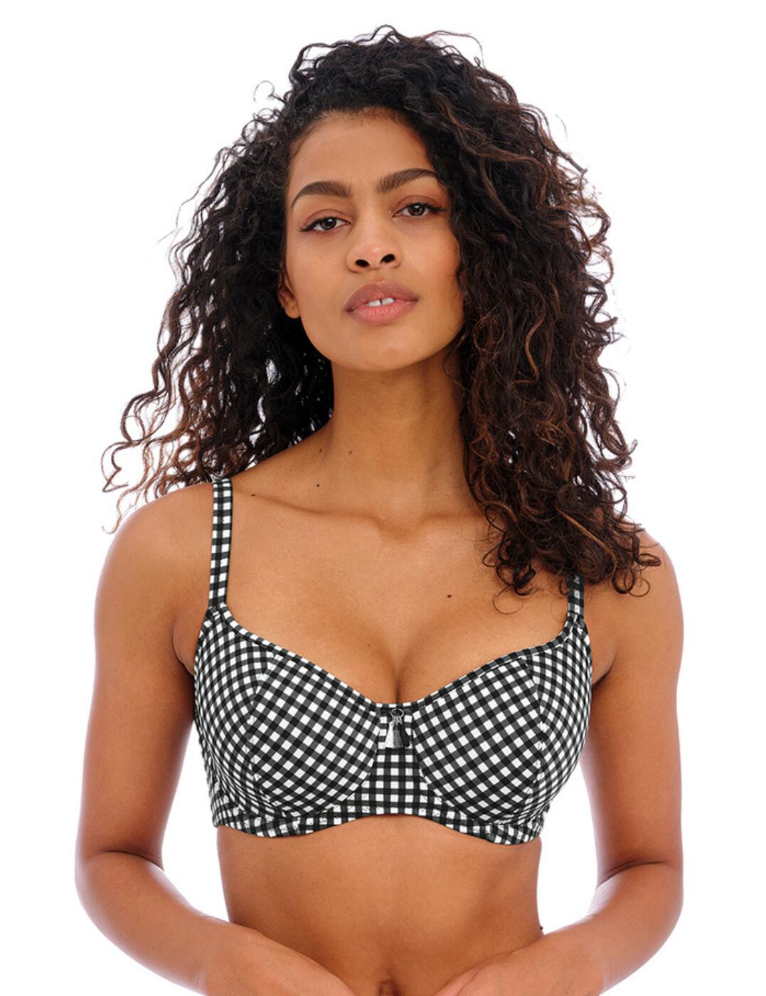 Go retro this season with Freya's stylish Check In collection. This classic checkered pattern is not one you'll want to miss, especially in this stunning bikini top. Featuring a sweetheart neckline with underwiring and lightly padded cups to emphasise the cleavage and keeping you supported while wearing. A dainty tassel detail at the centre front adds a feminine flair to this look. Adjust the shoulder straps to your preferred length and fit then fasten with a classic back clasp closure. Create the perfect gingham set by pairing with other available items also found in the Check In range.  Gingham printed bikini top Sweetheart neckline Underwired Lightly padded Tassel detail at centre front Adjustable shoulder straps Classic back clasp fastening Matching coordinates available Country of origin: Tunisia Composition: 84% Polyamide &pipe; 16% Elastane Listed in UK size  59859-104642-1370637 201903 Plunge Bikini Top
