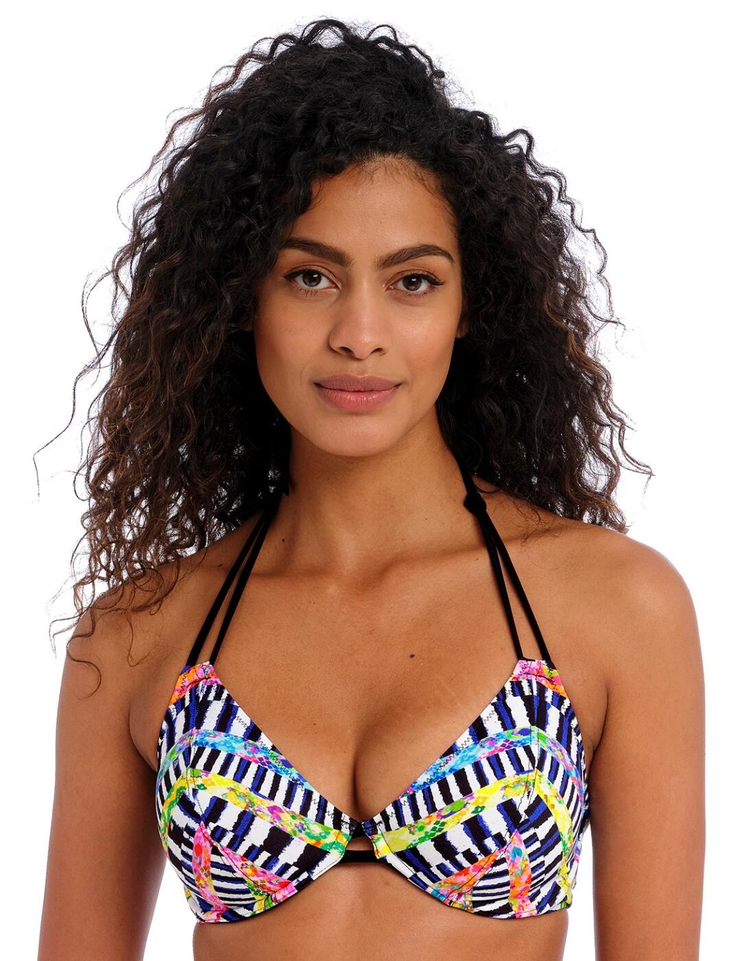 Introducing the new Freya Electro-Rave halter bikini top for your perfect summer look! This bright and bold halter-styled top is designed to combine comfort and support with a fashionable edge. The retro pattern will make you stand out from the crowds, and its deep plunging neckline ensures that you’ll show off just the right amount of skin while the Powernet-lined cups and non-padded design exclude any discomfort. What's more, the knot and loop detail at the apex plus double-row neckties create an ultra-feminine silhouette. And don’t forget to check the stylish matching coordinates available – they would be perfect companions for completing your swimwear collection!  Stylish halter bikini top Bright retro pattern Deep plunging neckline Powernet lined cups for support Underwired Non-padded cups to ensure comfort Knot and loop detail at the apex Double-row neckties Classic back clasp closure Matching coordinates available Country of origin: Indonesia Composition: 82% Polyamide &pipe; 18% Elastane Listed in UK sizes  59879-104666-1371410 204204 Halter Bikini Top
