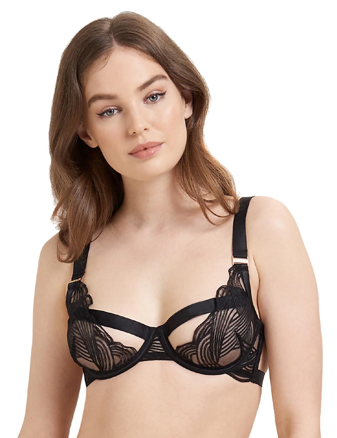 Bluebella's Calla collection brings sleek designs that are sure to add a fashion-forward edge to your lingerie drawer. This half-cup bra features a chic embroidered cup detailing with provocative cut-outs and modern wide elastic straps on the upper cups. Underwiring ensures a supportive, lifted look to your gorgeous curves. The shoulder straps are adjustable and this piece is fastened at the rear with a classic hook and eye closure meaning you can tailor the fit of this piece to your own individual preference. Complete this gorgeous set with the matching available items within Bluebella's Call line.  Modern and chic Underwired Non-padded Adjustable shoulder straps Half-cup neckline Embroidery detailing on cups Wide structural shoulder straps Hook and eye closure on the rear Matching coordinates available Country of origin: China Composition: 57% Polyamide &pipe; 36% Polyester &pipe; 5% Elastane &pipe; 2% Elastodiene Listed in UK sizes  59924-104713-1377315 41331 Half Cup Bra