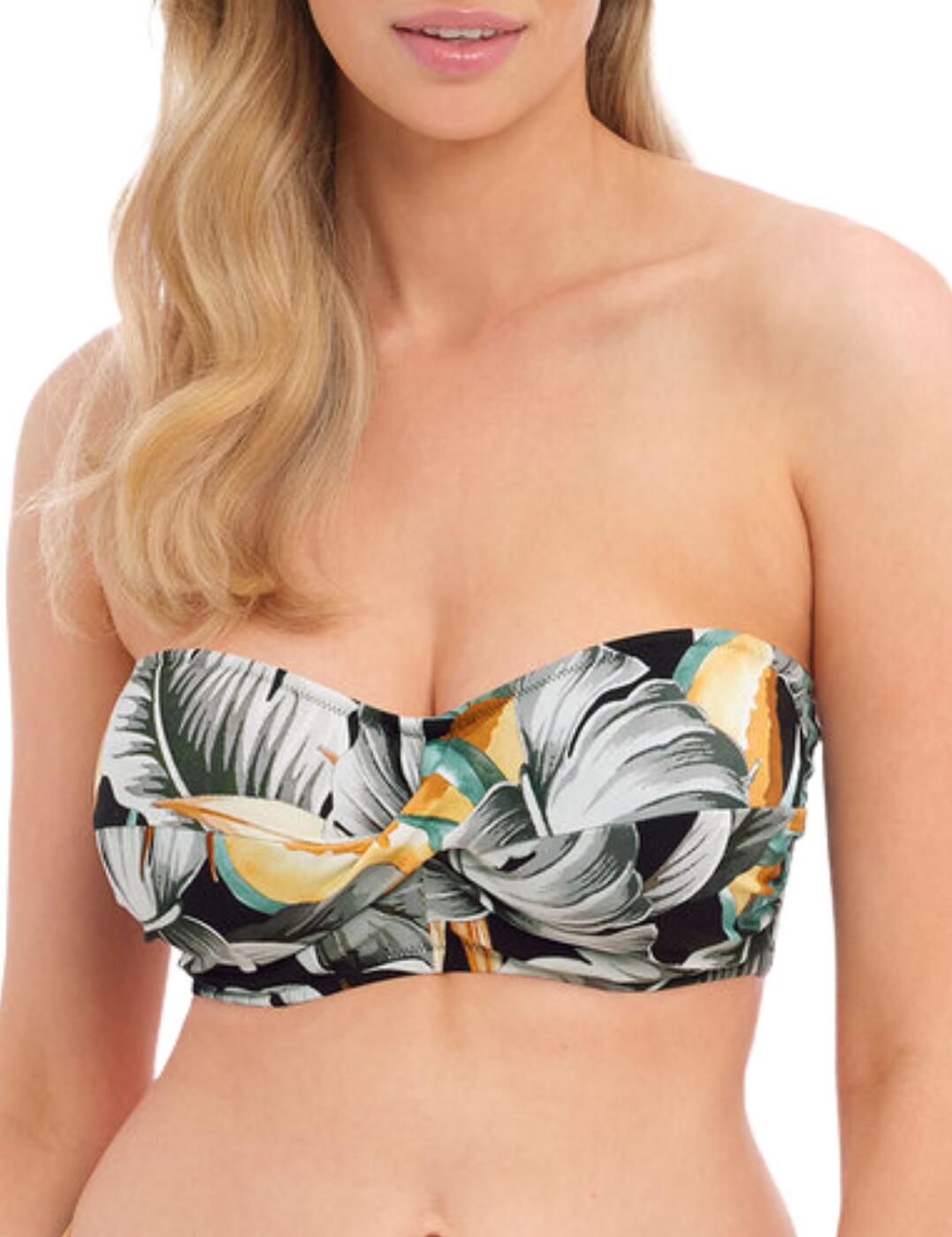 Add a splash of style to your summer poolside looks with the Fantasie Bamboo Grove bandeau bikini top. Boasting an eye-catching botanical print and a sweetheart neckline, this on-trend look will help you feel confident and stylish all season long. The concealed underwiring, lightly padded foam cups, and Powernet lining provide that extra support needed while its detachable scarf tie strap provides extra security while adding something special to your swimwear collection. The clip fastening ensures the utmost reliable fit. With many items available for a matching set for an enviable head-to-toe look, the Bamboo Grove bandeau bikini top is sure to turn heads this season!  Bandeau bikini top Botanical print Twist front Sweetheart neckline Concealed underwiring Lightly padded foam cups Powernet lined for extra support Detachable scarf tie strap Clip fastening for a secure fit Matching swimwear available Country of origin: Tunisia Composition: 83% Polyamide &pipe; 17% Elastane Listed in UK sizes  59963-104752-1373276 501609 Bandeau Bikini Top