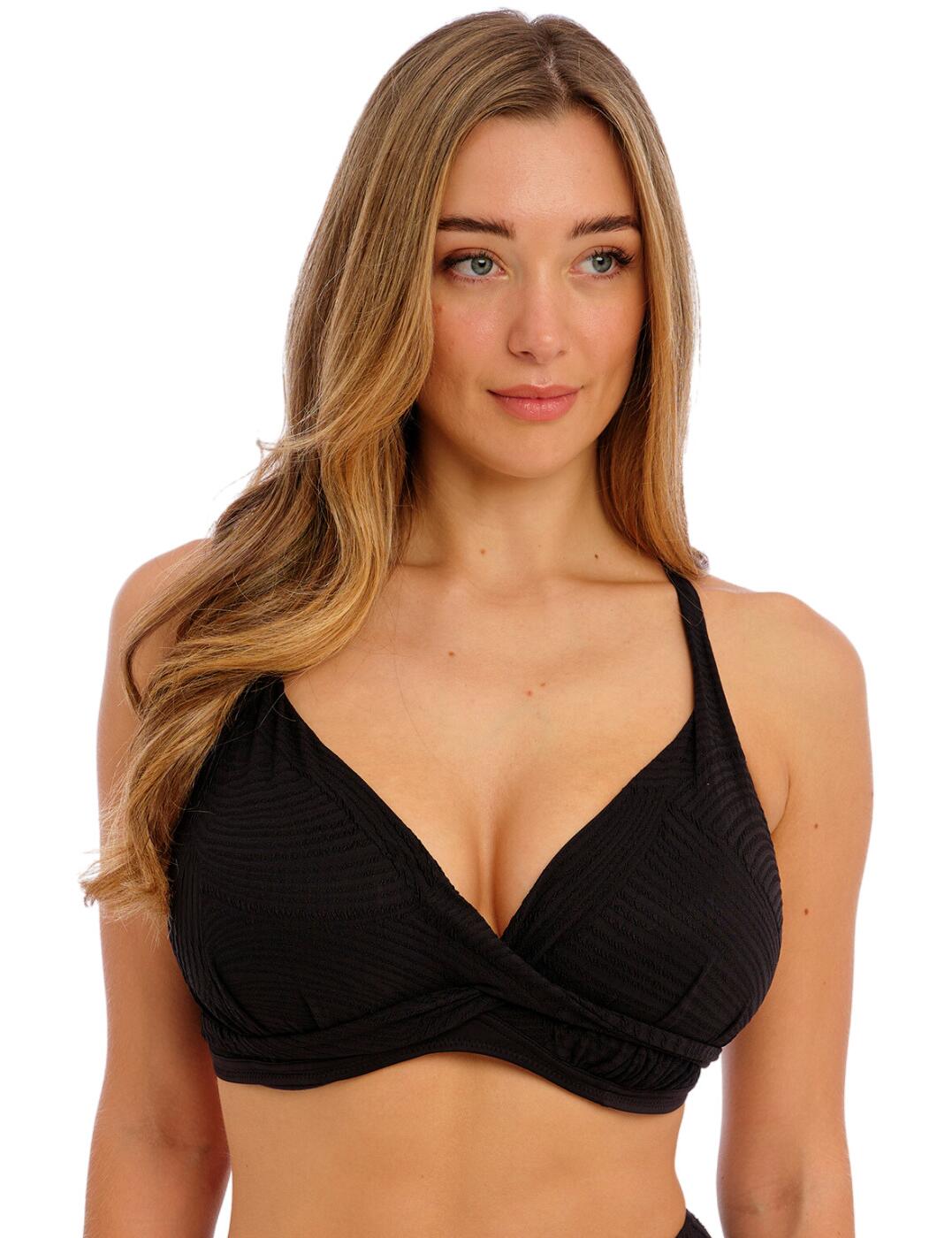 The Fantasie Ottawa plunge bikini top is the perfect choice for any woman looking to make a statement with their swimwear. Delicate yet confident; this beautifully designed top provides elegance and sophistication to your poolside look. The flattering wrap-over front detail creates an eye-catching, feminine shape, while the textured details create a luxurious finish. Constructed with non-padded cups; you'll enjoy maximum comfort thanks to its natural shape and underwiring, while adjustable shoulder straps provide extra support. Fasten the clip closure at the back for a snug, secure fit every time. Wear with stylish coordinating swimwear from the elegant Ottawa collection by Fantasie.  Elegant plunge bikini top Flattering wrap over front detail Lined cups Textured details Non-padded cups for a natural shape Underwired for support Convertible adjustable shoulder straps Clip fastening for a secure fit Matching swimwear available Country of origin: Tunisia Composition: 86% Polyamide &pipe; 14% Elastane Listed in UK sizes  59971-104760-1373445 6495 Plunge Bikini Top