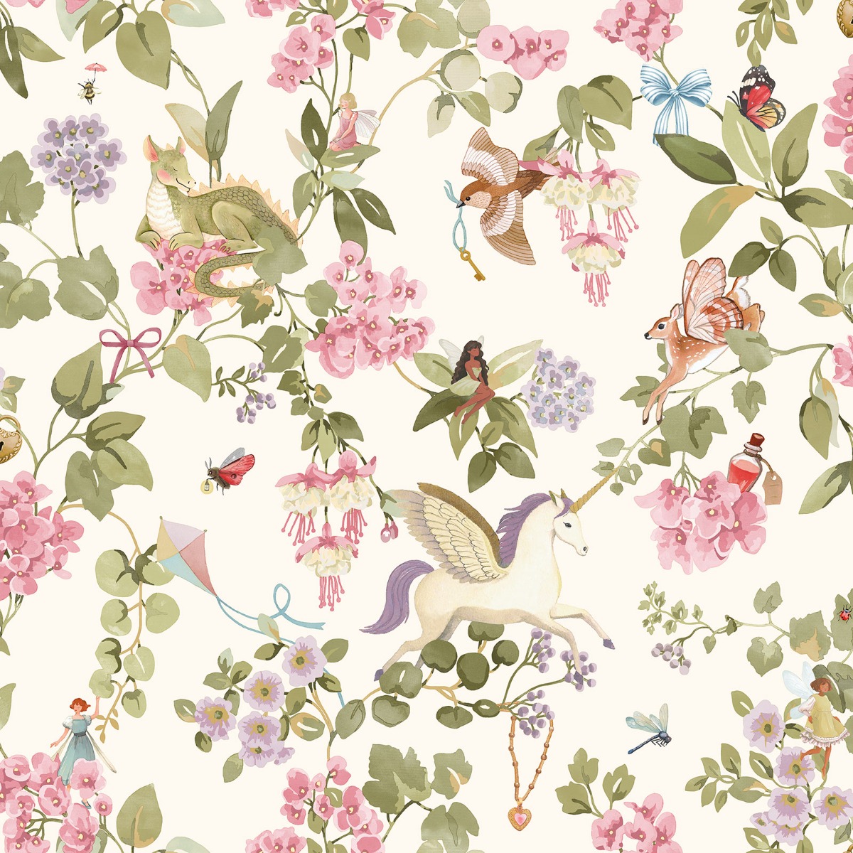 Holden Decor Away With The Fairies Cream / Multi Children's Wallpaper, Pink