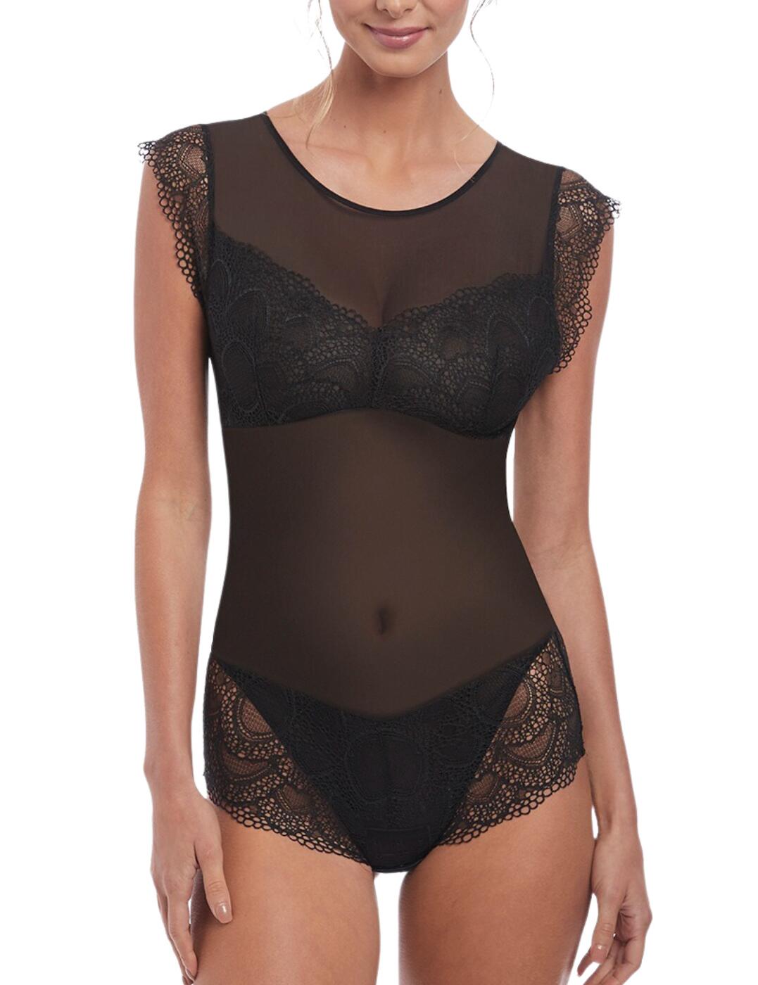Be daring with this stunning sheer bodysuit from Fantasie's Twilight range, perfect to add to your lingerie collection. Elastic is used for a lightly supportive fit and a comfortable finish without using underwiring. A gusset hook and eye fastening is featured for a secure fit to your curves with the non-padded cups ensuring a comfortable feel. This sheer look has lace detailing on the back for moderate rear coverage that still has a semi-sheer flirtatious look. Keyhole cutout with a button fastening and gorgeous lace cap sleeves for that flawless finishing touch.  Bodysuit Sexy sheer material Lace panelling Button fastening Moderate rear coverage Wireless Elastic under bust for light support Non-padded Keyhole opening on the back Hook and eye fastening at gusset Cap sleeves Country of origin: Sri Lanka Composition: 77% Polyamide &pipe; 23% Elastane Listed in UK sizes  60030-104826-1378311 2543 Body
