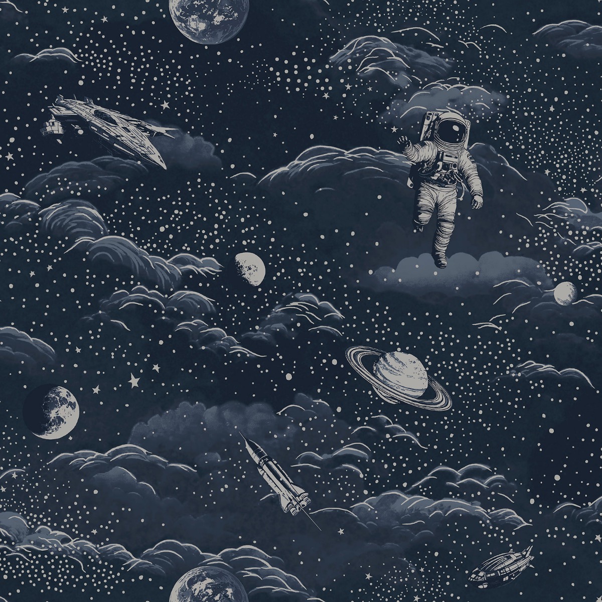 Holden Decor Lost In Space Midnight Blue / Silver Children's Wallpaper, Blue