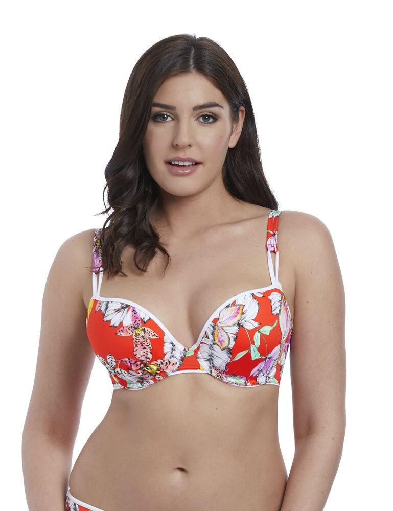 The Freya collection brings botanical inspired print and a sports luxe feel together to create the new Wild Flower range. The Moulded plunge bikini top offers great uplift, with under-wiring for support. The top comes with adjustable straps, and has a plastic clip fastening at the back. Matching items available for a completed look.  Stunning botanical inspired contrast design Seam Free Moulded Cups Plunge for added wow-factor Adorned with on-trend contrast white bindings Adjustable straps Plastic clip fastening at the back Matching items available 82% Nylon/Polyamide, 18% Elastane Listed in UK sizes   42016-76901-1021233 5882 Plunge Bikini Top