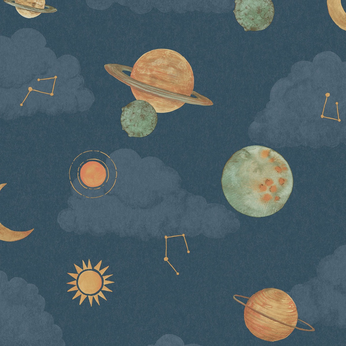 Grandeco Maury Planets and Constellations Nursery Textured Wallpaper, Blue Blue Blue 5.32