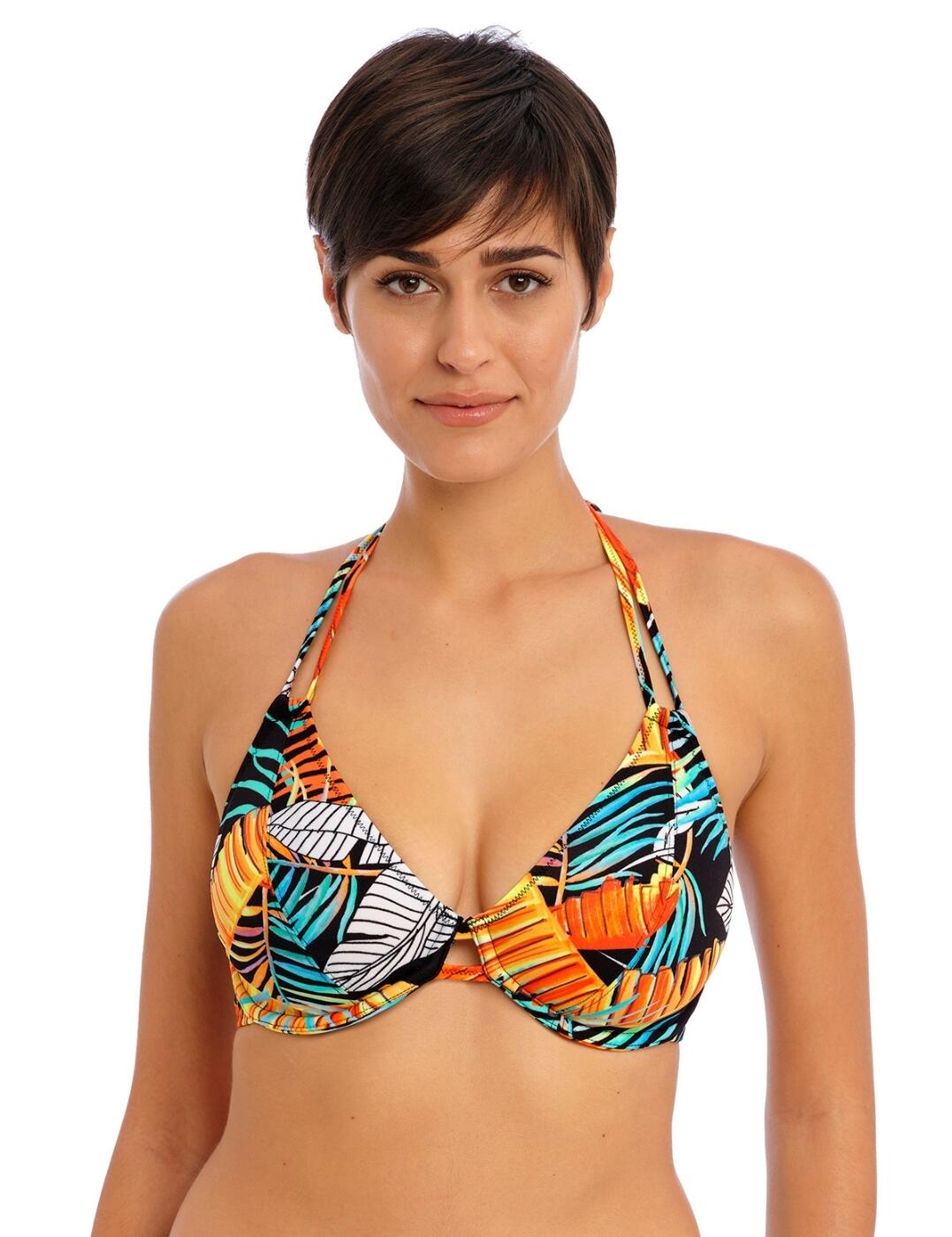 Looking for the perfect swimwear statement? Don't miss out on the Freya Samba Nights halter bikini top! This stunning piece features a tropical floral pattern that adds a vibrant touch to any bathing set. The classic halter top design has powernet-lined cups to help shape your bust while also offering underwired support. Non-padded cups ensure the utmost comfortable fit and a deep plunging neckline that is sure to catch some eyes. It includes a detachable centre front tie which wraps around your waist and is finished with a classic back clasp for a snug fit all day. To complete your look, matching coordinates are also available and complete your Samba Nights look.  Stylish halter bikini top Deep plunging neckline Tropical floral pattern Powernet lined cups to shape and support Underwired Non-padded Detachable centre front tie to wrap around waist Classic back clasp fastening Matching coordinates available Country of origin: Tunisia Composition: 82% Polyamide &pipe; 18% Elastane Listed in UK sizes  60183-105011-1377386 204404 Halter Bikini Top