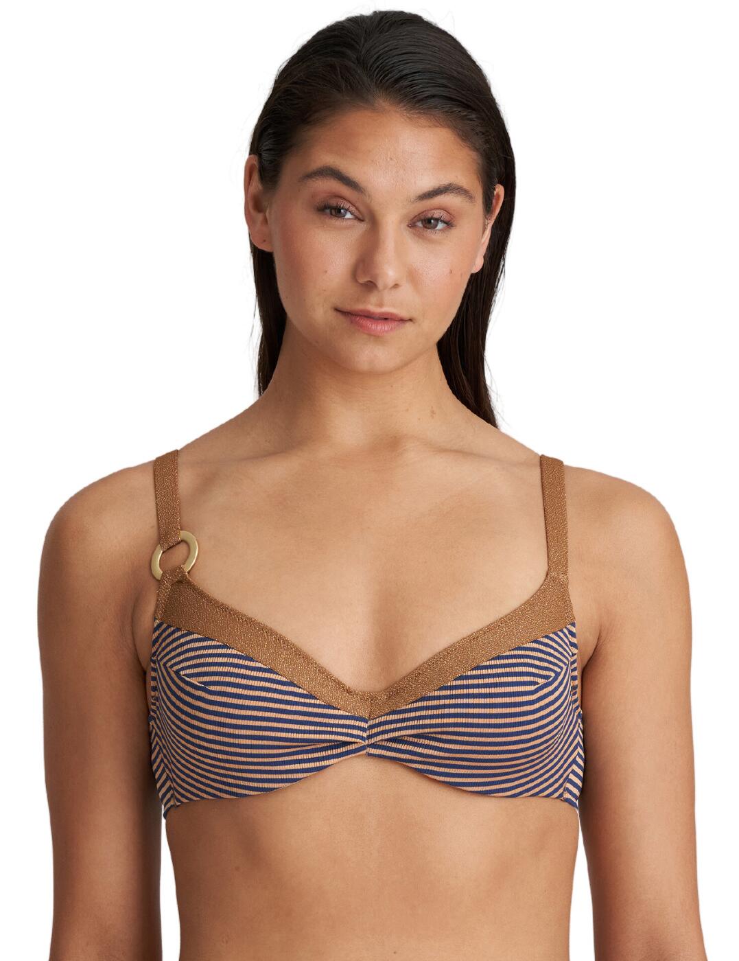 Revamp your swimwear wardrobe this season with Marie Jo s Saturna full-cup bikini top. This sophisticated piece offers a stylish design with timeless striped cups, a gold glittery outline along the upper bust and a gold ring feature on the strap for an added touch of luxury. With flattering cups that provide good coverage, you can feel confident and carefree when soaking up the sun. Non-padded with a supportive underwire, this bikini top is designed to be both practical and comfortable. For versatility, the multi-way adjustable straps can be worn as a halterneck or normal to suit your style. To finish off your look in style, it features a clasp fastening and what s more matching bikini bottoms are also available!