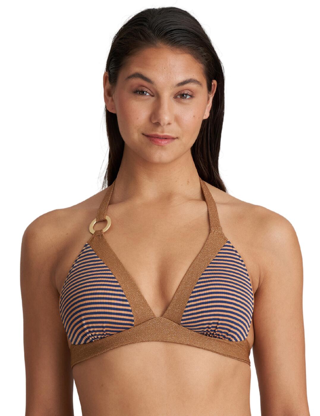 Invest in timeless elegance with the Marie Jo Saturna padded triangle bikini top. Crafted from luxe materials for lasting comfort, this triangle plunge style showcases your cleavage and enhances the bust due to added padding. Enjoy a truly feminine and flattering fit thanks to a wireless design and delicate pleats across the striped cups. Bold and stylish, the top is completed with gold glitter accents which also runs along the straps, an asymmetrical ring at the shoulder strap, halterneck tie straps and a tie-back closure. Keep your look coordinated with matching swimwear pieces available to complete your ensemble.