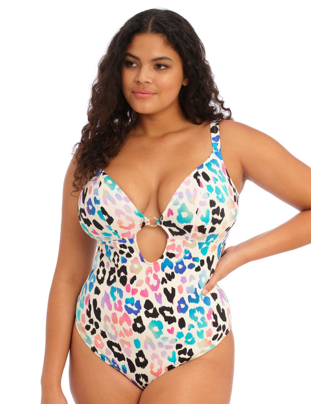 Hit the pool in style with the Elomi Party Bay non-wired plunge swimsuit. It features a gorgeous leopard print design complemented by an elegant and modern gold ring detail on the plunging neckline providing an eye-catching silhouette. What's more, its wireless, non-padded cups provide lightweight coverage and a comfortable fit which makes it practically perfect for days spent by the beach. The suspended shelf support adds a supportive fit to accentuate your gorgeous curves. Plus, the adjustable shoulder straps improve the fit and support. All of this comes with a full rear coverage design for a look you can wear with confidence.