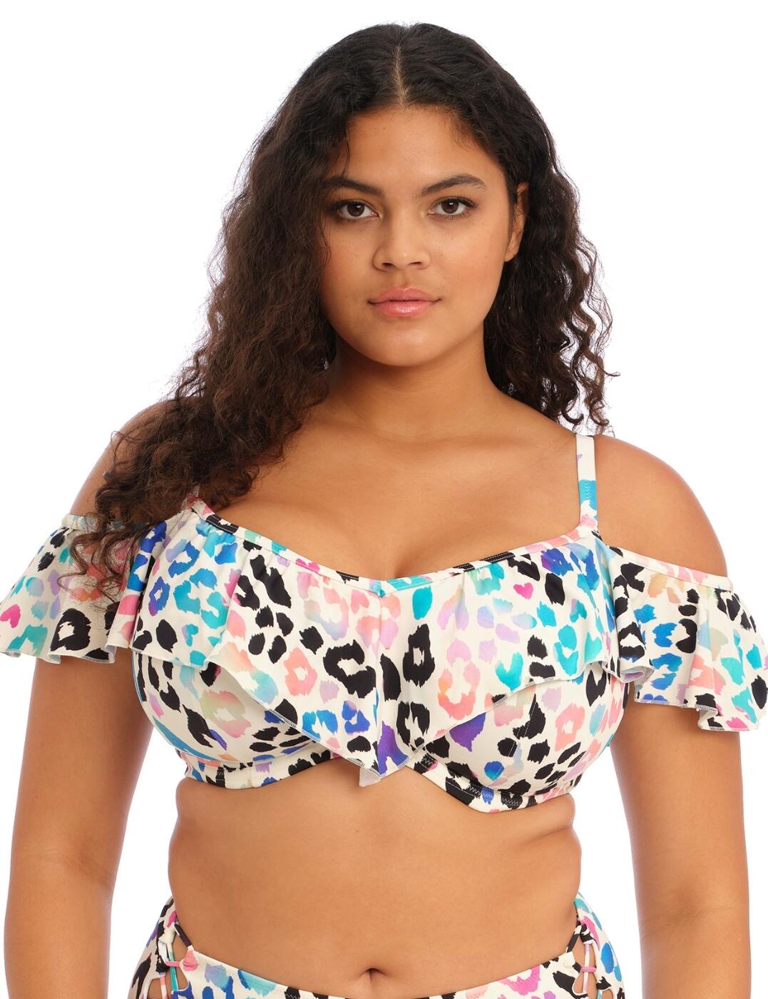 Make a statement with Elomi's Party Bay ruffled bikini top. This gorgeous leopard-printed bikini top boasts a cold shoulder detailing for a feminine look and also has full cup coverage to keep you feeling and looking your best. And not to worry, with its underwired and non-padded design, you'll get all the support and comfort you would need. Plus, this top is cut from a lightweight fabric made with LYCRA® XTRA LIFE™ material for a snug and durable fit. The back lining has a powernet feature for further support, and adjustable shoulder straps let you tailor your look to your own curves. What's more, matching coordinates are available from Elomi's Party Bay line so that you can complete this trendy look!  Ruffled bikini top Gorgeous leopard print Off-the-shoulder design Full cup coverage Underwired Non-padded Cut from a lightweight printed fabric with LYCRA® XTRA LIFE™ Fully lined with supportive fabric for bra-like fit Powernet back lining for support Adjustable shoulder strap Classic back clasp closure Matching coordinates available Country of origin: Sri Lanka Composition: 82% Polyamide &pipe; 18% Elastane Listed in UK sizes  60204-105032-1377810 801406 Full Cup Bikini Top