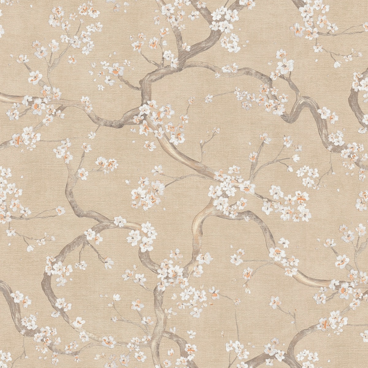 Beige Botanical Wallpaper Textured Cherry Blossom AS Creation Paste The Wall, Cream