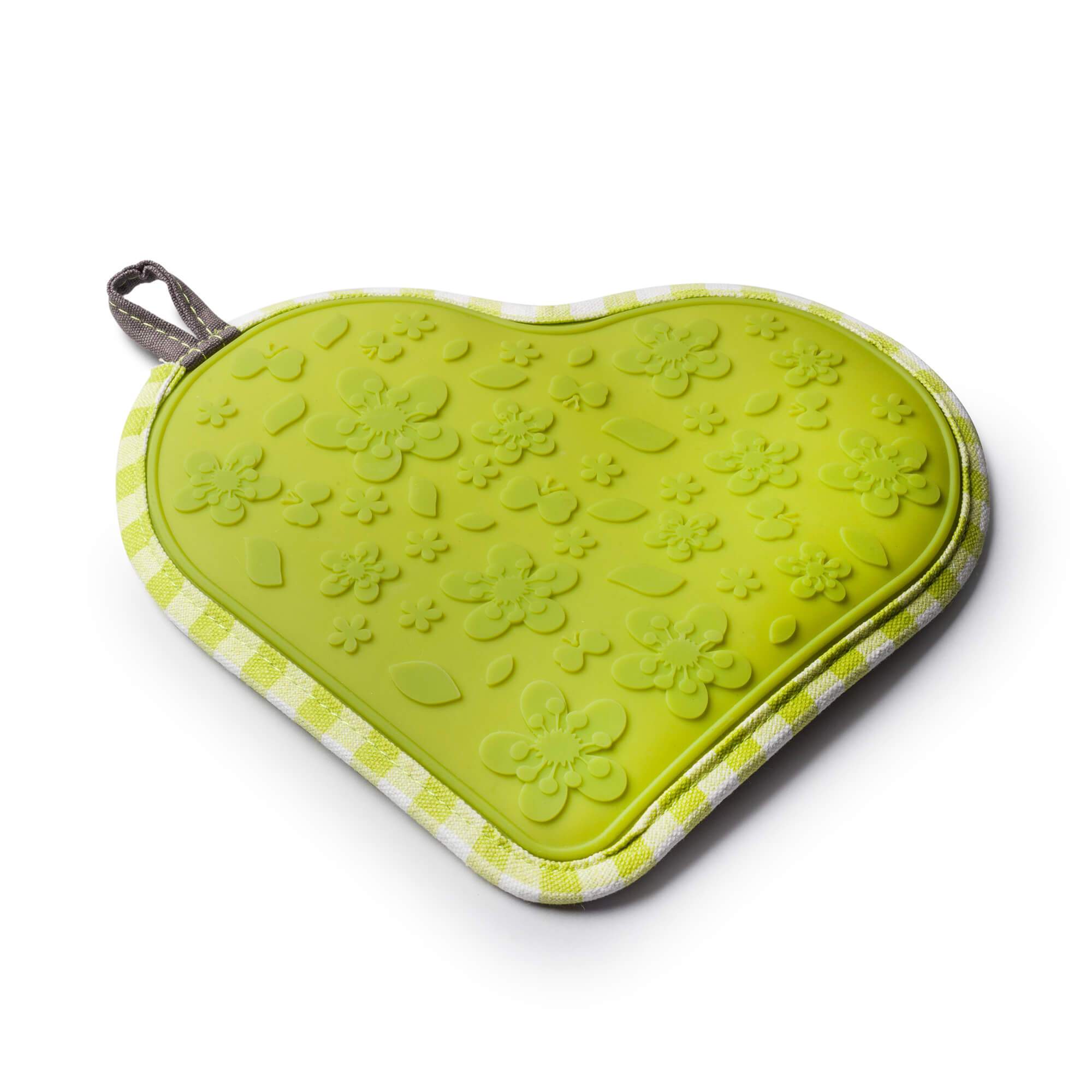 Zeal Silicone Heart Shaped Hot Grab Trivet Mat Gingham in Lime