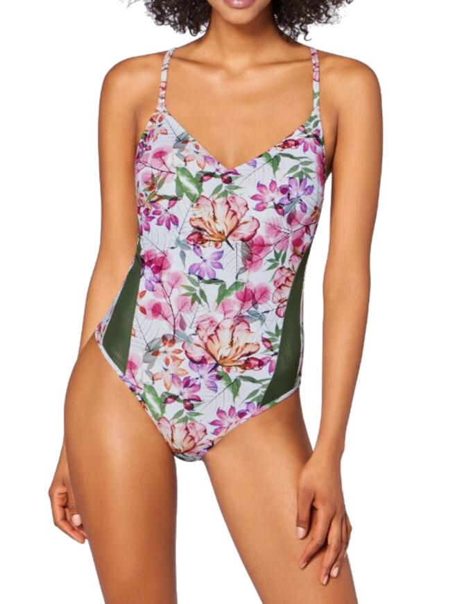 Flattering and flirtatious, this visually slimming swimsuit from the Delicate Flowers series, by Triumph is ideal for any getaway! Adorned in a stunning, feminine floral print, upon a crisp and contrasting base, this swimsuit is sure to turn heads! This swimsuit is non-wired, but padded for optimum comfort and a natural look and feel.  Chic and elegant design Beautiful floral print Comfortable and contemporary fit Non-wired cups Padded cups Offers a visually slimming effect Composition:- 80% Polyamide &pipe; 20% Elastane  Listed in UK sizes      36823-67493-914289 10195265 Swimsuit