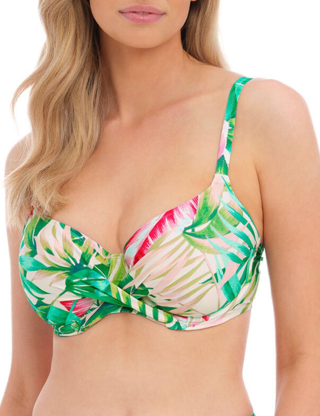 Introducing the Fantasie Langkawi full cup bikini top! Whether you’re heading to the beach or looking for a stylish swimsuit, this is just the bikini top for you. It features a chic botanical print and is crafted from Reco Nylon by Nurel—the perfect blend of trendiness and comfort. Designed with your comfort in mind, it comes with flattering wrap over front detail and concealed side sling for forward projection. The lined wings provide extra anchorage and support, so you always feel secure. Non-padded cups provide all-day comfort that is perfect for relaxing poolside. Secured at the back with a classic clip fastening for premium security. Plus, the adjustable shoulder straps allow you to find your perfect fit! This piece has underwired cups and boasts a simple pull-on design that makes getting ready for your next adventure a breeze.  Underwired Botanical print Back clasp design Adjustable shoulder straps Full cup neckline Twist front style Non-padded Country of origin: Sri Lanka Composition: 40% Polyamide &pipe; 19% Elastane &pipe; 41% Recycled Nylon Listed in UK sizes  60307-105147-1381035 501705 Full Cup Bikini Top