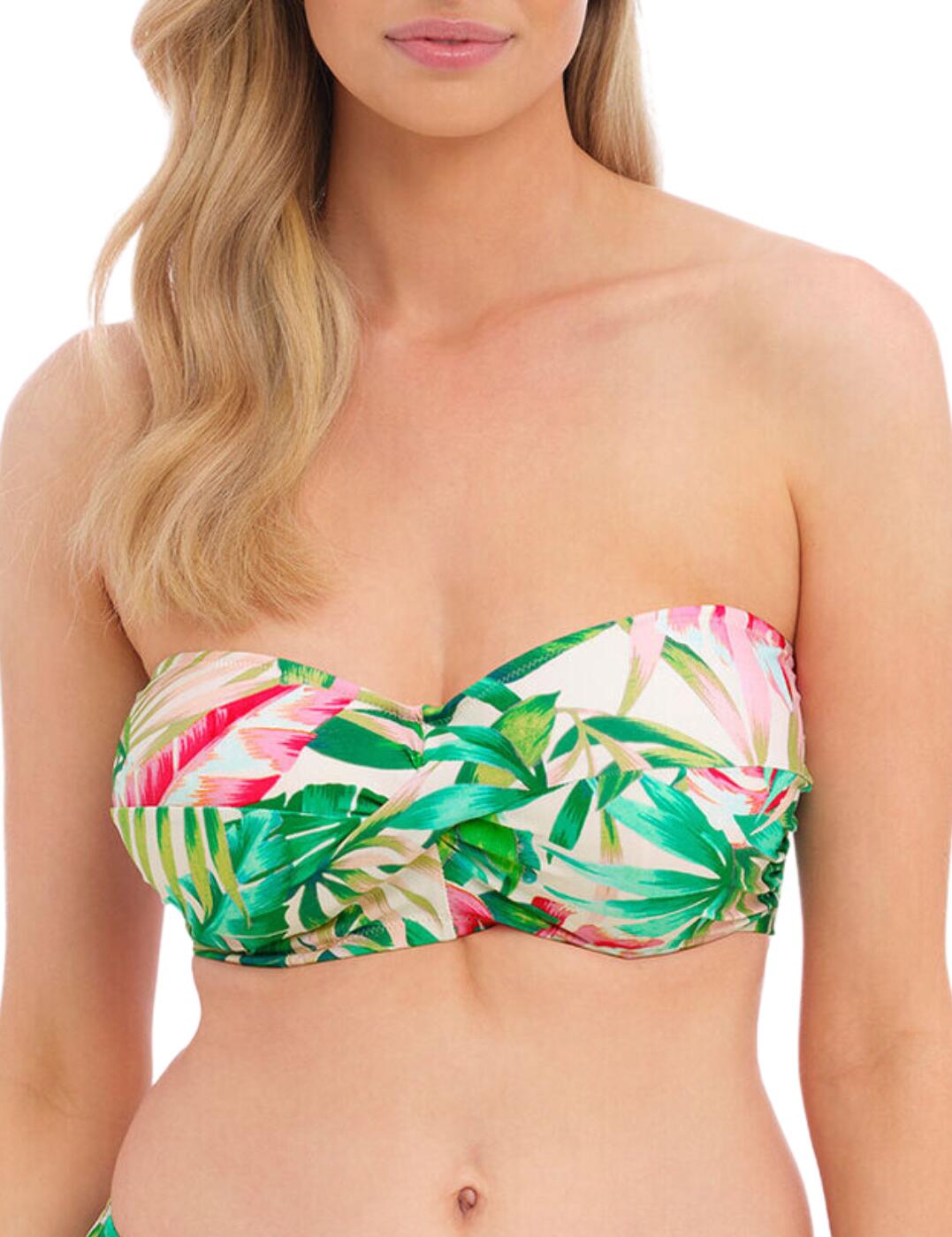 The Fantasie Langkawi bandeau bikini top is the perfect way to jazz up your beach look this season. This style features a gorgeous botanical print, flattering twist front detail and lightly padded foam cups for support and shaping. It's crafted from Reco Nylon® by Nurel for extra shimmer and for a flattering shape. The concealed underwire provides added support while the lined wings ensure the perfect coverage. To mix things up you can add the attachable self-tie shoulder straps for a unique look with each wear. And if you love this look as much as we do, check out the matching coordinates available to complete your whole beach look.  Bandeau neckline Botanical print Detachable self-tie shoulder straps Lined wings Clip back fastening Flattering twist front Matching coordinates available Country of origin: Sri Lanka Composition: 27% Polyamide &pipe; 16% Elastane &pipe; 57% Recycled Nylon Listed in UK sizes  60308-105148-1381084 501709 Balcony Bikini Top