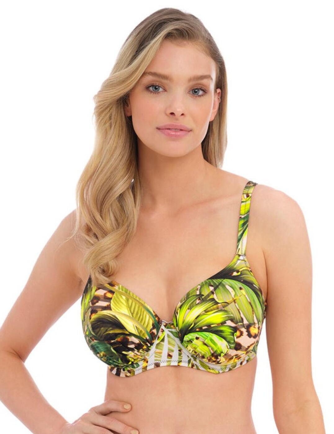 Introducing the Fantasie Kabini Oasis Full Cup Bikini Top—finally, swimwear that is both fashionable and comfortable. From the chic abstract botanical pattern to its full cup neckline, this bikini top offers everything a modern woman needs! Show off your figure with gathered cups designed to flatter while feeling safe in the knowledge that there’s underwired support and concealed side sling for all-day comfort. Plus, adjustable shoulder straps make it easy to customise the fit. Lined wings keep everything in place while at ease knowing you don’t need any padding for confidence in this look. At last, enjoy a secure back clasp closure to ensure you stay covered up no matter how active your beach day gets! And don’t forget about matching coordinates to get the whole look just right. So whether it's poolside relaxation or a beach workout, the Fantasie Kabini Oasis full cup bikini top has got your back!  Chic abstract botanical pattern Gathered cups for a flattering look Underwired Concealed side sling Lined wings for support Adjustable shoulder straps Full cup neckline Back clasp closure Matching coordinates Country of origin: Sri Lanka Composition: 80% Polyamide &pipe; 20% Elastane Listed in UK sizes  60310-105150-1381144 502101 Full Cup Bikini Top