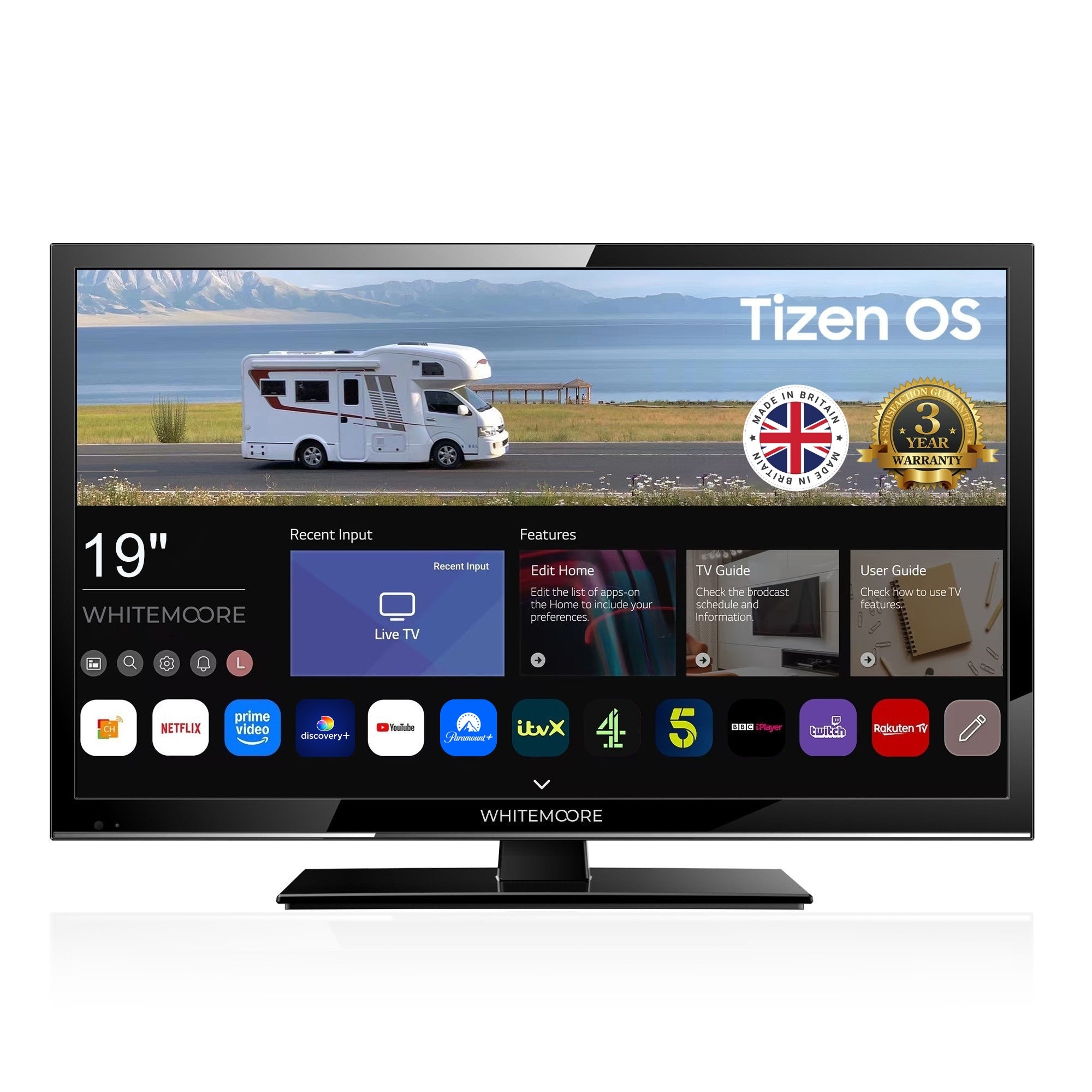 Image of Whitemoore 19” 12V/24V Smart TV – Tizen OS, WiFi, Freeview, Netflix, Prime, Airplay, HDMI/USB, for Caravan/Truck/Boat, 3-Year Warranty