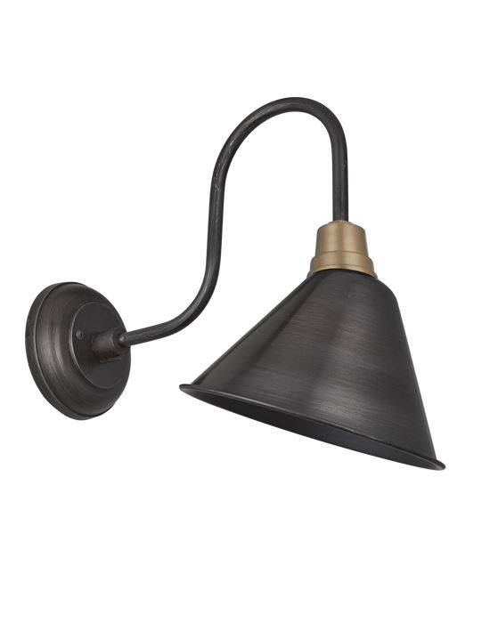 Vintage Cone Shaped Barn Swan Neck Retro Wall Sconce Lamp Pewter Shade Brass Accent