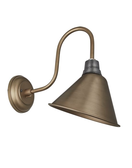 Vintage Cone Shaped Barn Swan Neck Retro Wall Sconce Lamp Brass Shade Pewter Accent