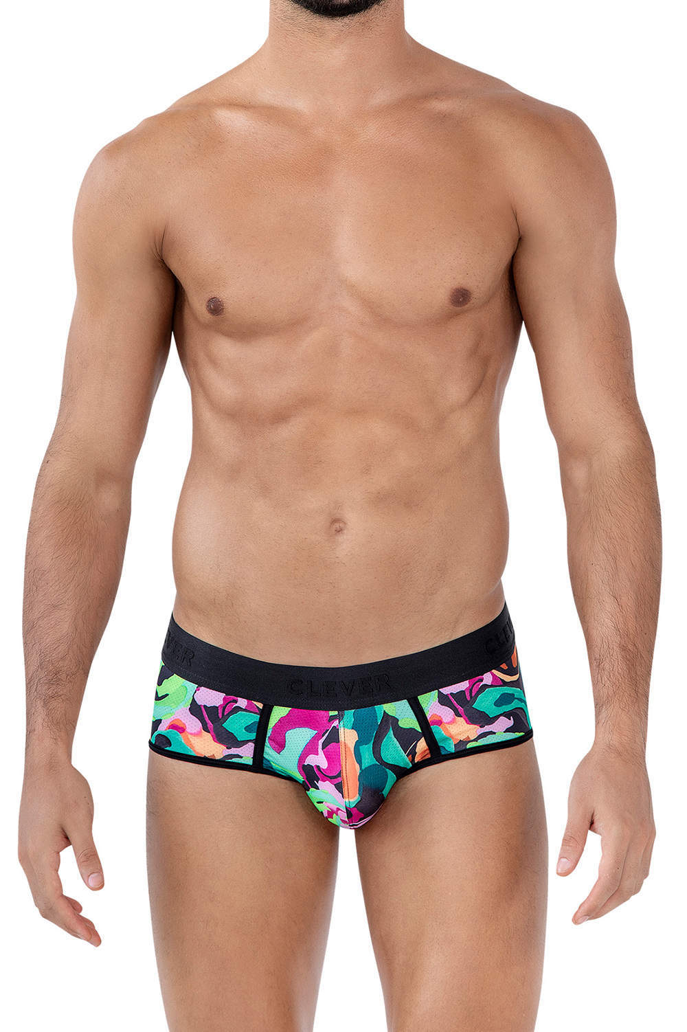 Clever Moda Absolute Piping Brief men’s underwear in gorgeous multicolour abstract print. Shop classic silky male mini slips. International delivery