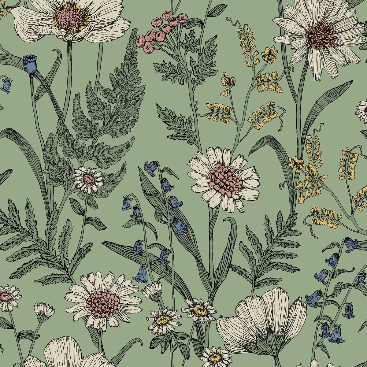 Fine Decor Fine Décor Wild Meadow Green Wallpaper Floral Flowers Leaves Paste The Wall, Green
