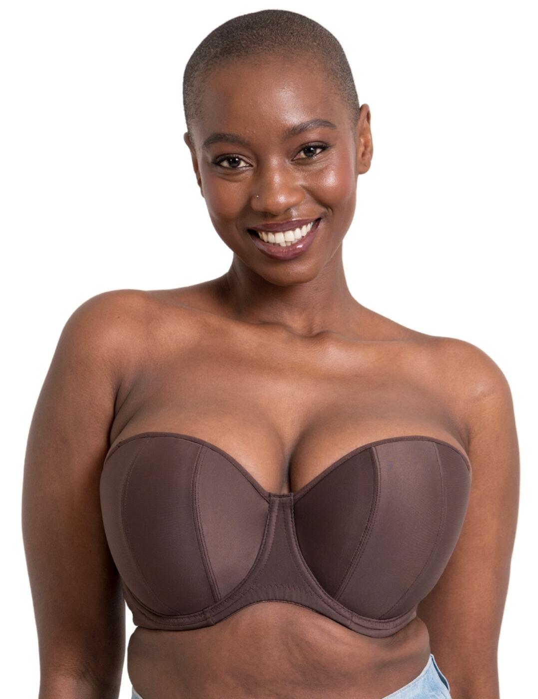 The Curvy Kate Luxe strapless bra is a multi-way bra that can be worn strapless, halterneck or racerback style giving you 3 bra's in 1. The Luxe range is designed with a smooth fabric so it can be worn and hidden under any outfit and is finished with a two tone pinstripe around the band. The strapless bra offers great support through to HH cup and contains a silicone grip around the back band for added security and support.