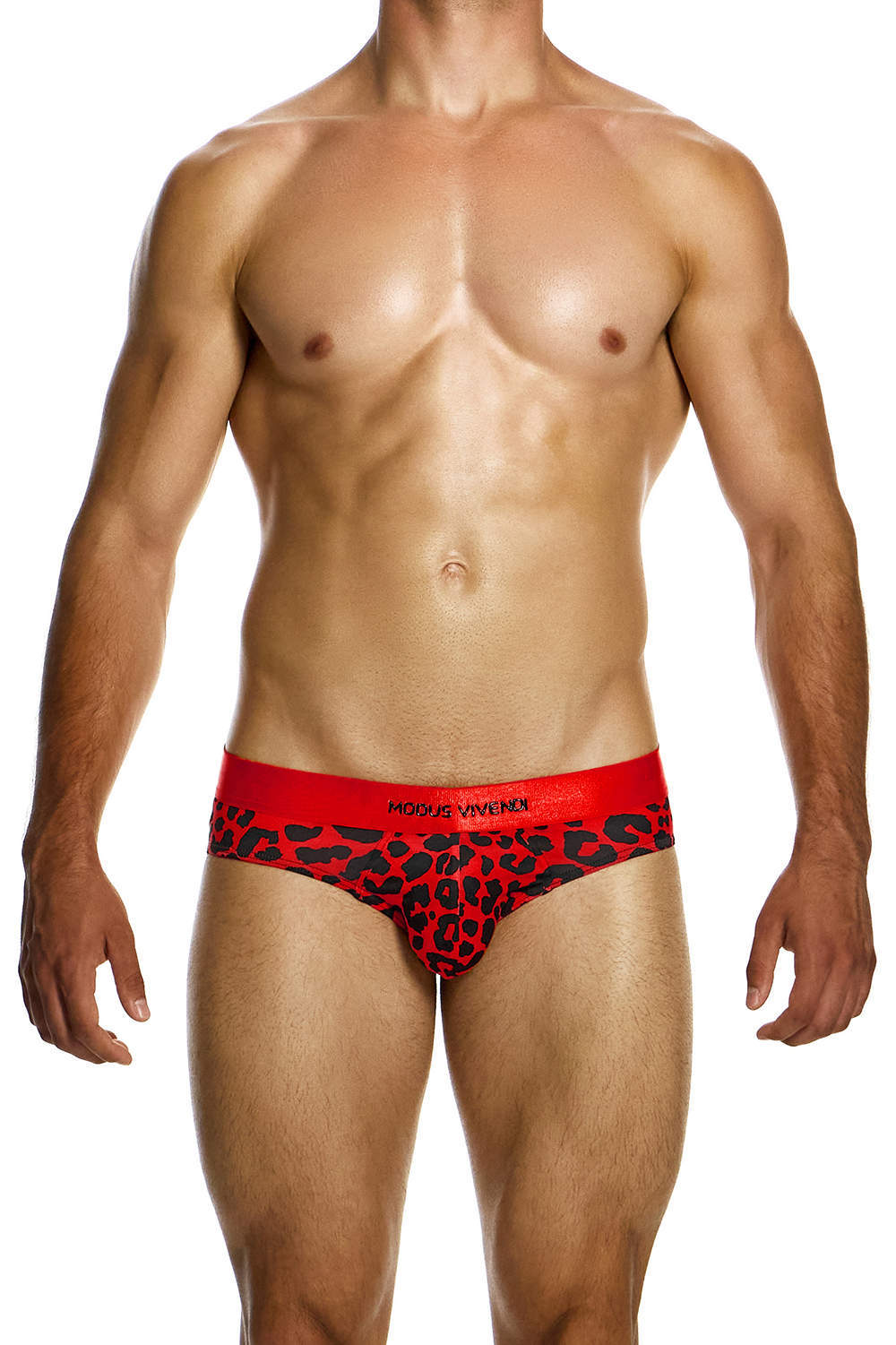 Modus Vivendi Leopard Classic Brief men’s underwear mini in luxury animal print. Shop low rise male slips - lined pouch and embossed signature logo