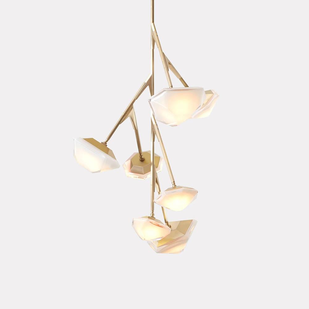 Myriad Tall Chandelier White Satin Brass Blackened Steel