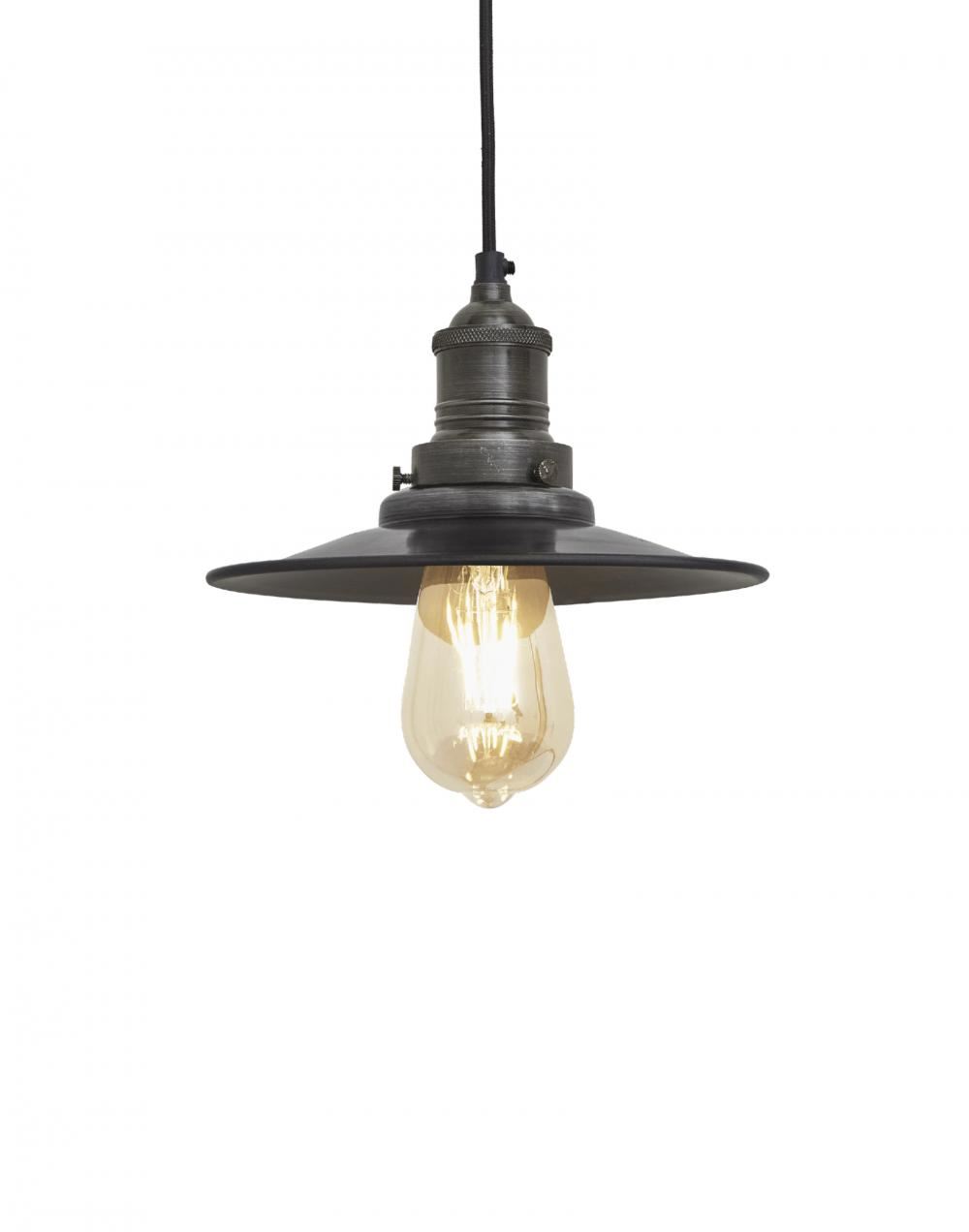 Industville Brooklyn Antique Flat Industrial Pendant Small Pewter Shade Pewter Holder Grey Designer Pendant Lighting