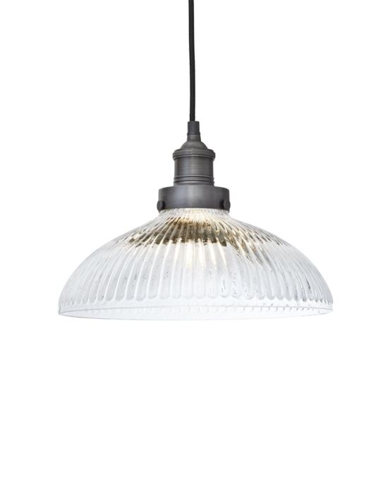 Industville Brooklyn Vintage Antique Ribbed Glass Retro Pendant Dome 12in Pewter Holder Clear Designer Pendant Lighting