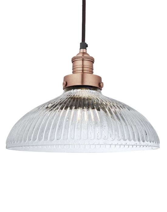 Industville Brooklyn Vintage Antique Ribbed Glass Retro Pendant Dome 12in Copper Holder Clear Designer Pendant Lighting