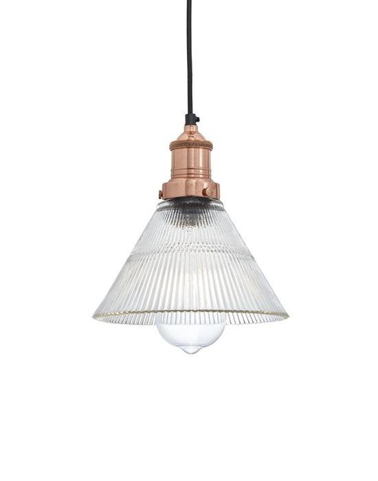 Industville Brooklyn Vintage Antique Ribbed Glass Retro Pendant Funnel 7in Copper Holder Clear Designer Pendant Lighting