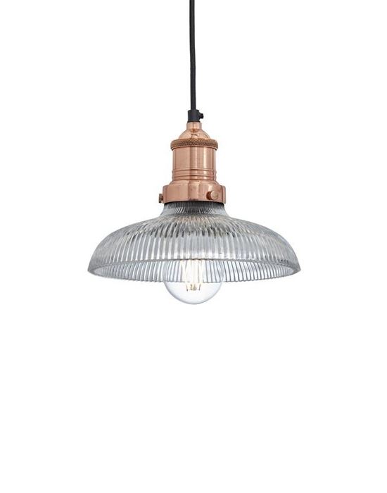 Industville Brooklyn Vintage Antique Ribbed Glass Retro Pendant Dome 8in Copper Holder Clear Designer Pendant Lighting