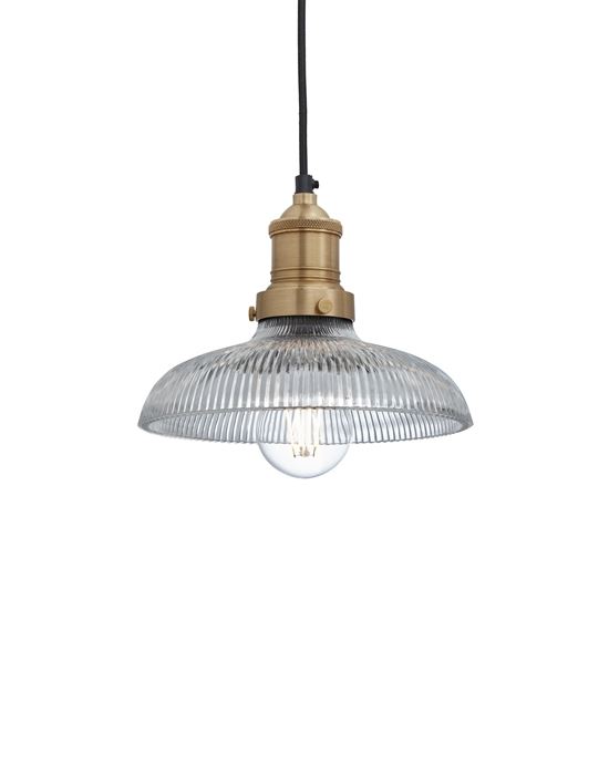 Industville Brooklyn Vintage Antique Ribbed Glass Retro Pendant Dome 8in Brass Holder Clear Designer Pendant Lighting