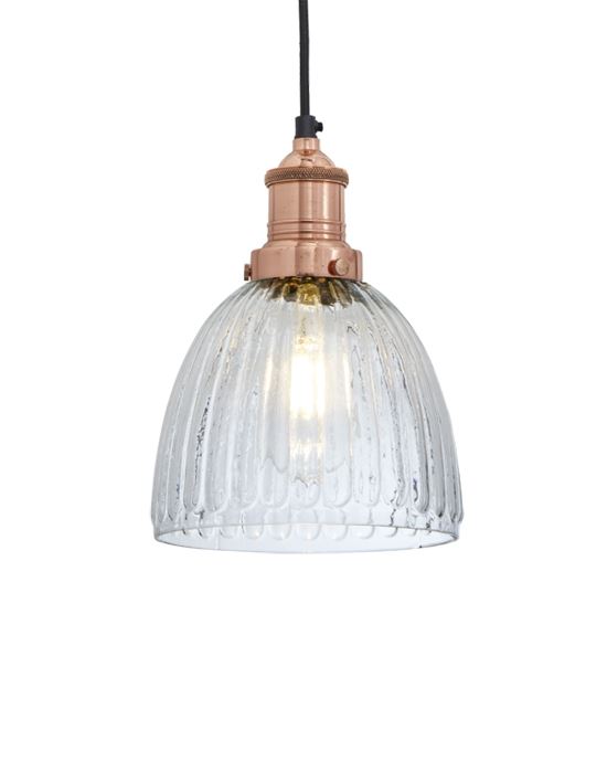 Industville Brooklyn Vintage Antique Ribbed Glass Retro Pendant Cone 7in Copper Holder Clear Designer Pendant Lighting