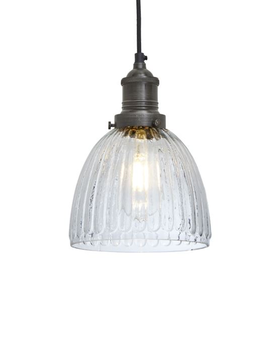 Industville Brooklyn Vintage Antique Ribbed Glass Retro Pendant Cone 7in Pewter Holder Clear Designer Pendant Lighting