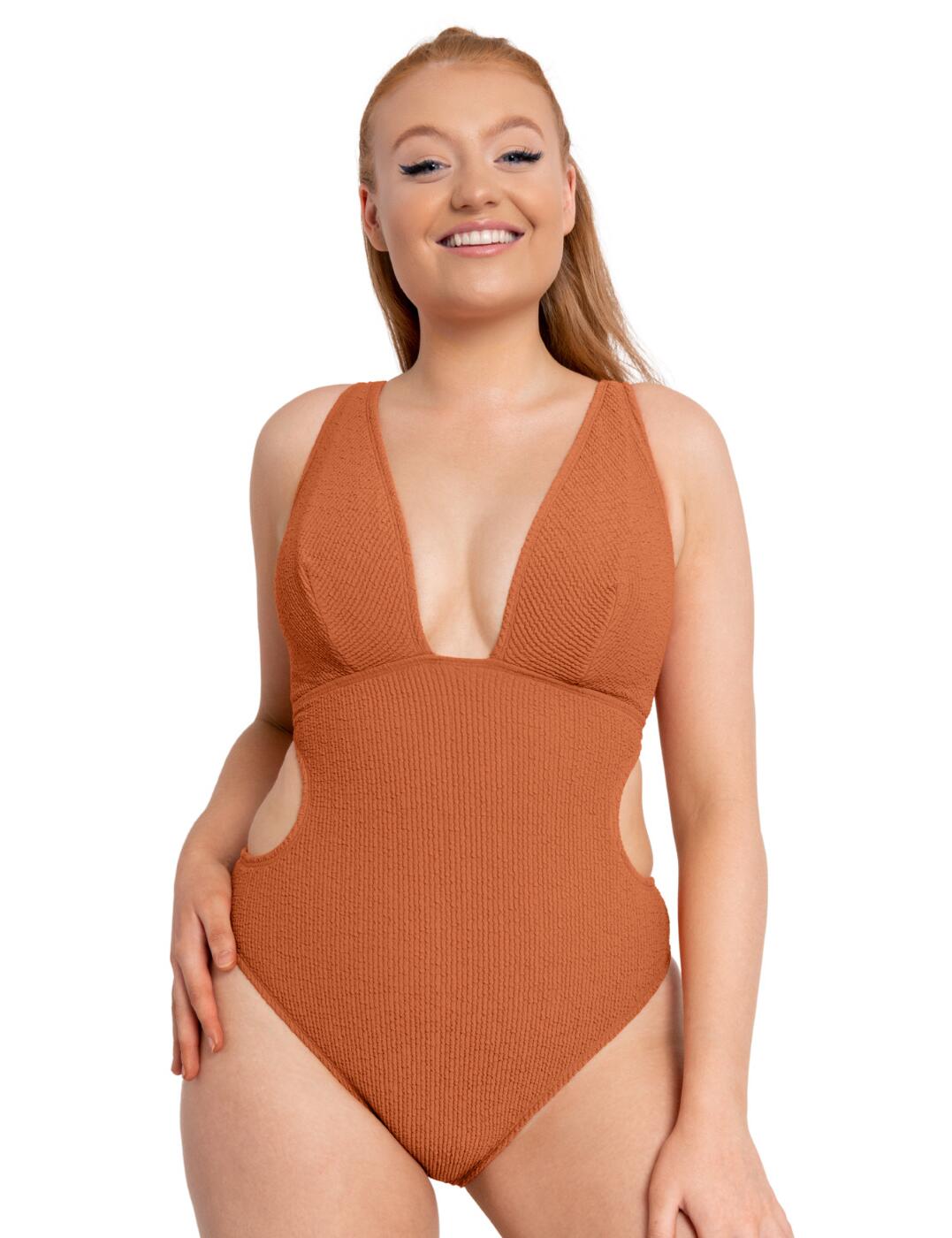 A stylish design that will fit every lady. This Holiday Crush swimsuit from Curvy Kate features a deep plunging neckline with triangle cups, that will surely give you a lot of attention on the beach. The sexy side cutouts extend to the back and if you look from that side, it almost looks like you're wearing a bikini set. All of this is complemented by the full rear coverage and comfortable elastic material of the swimsuit. Thanks to the adjustable multiway shoulder straps, you can add a bit of your own style by wearing them traditionally over the shoulder, in a criss-cross style or as a halterneck.  Deep plunging neckline with triangle cups Ribbed elastic material Adjustable multiway shoulder straps Swimwear clicker back closure Full rear coverage Triple-layer cups Non-wired Matching coordinates available Country of origin: China Listed in UK sizes  54288-97005-1260144 CS021606 Swimsuit