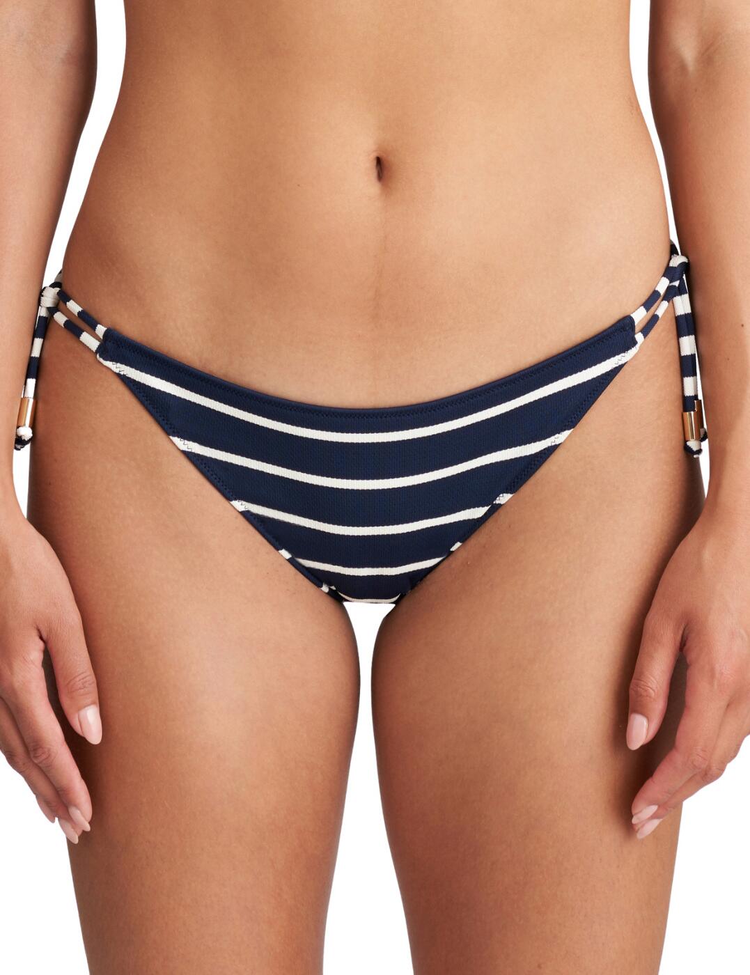 Update your swimwear collection with this classic bikini brief. Marie Jo presents the Cadiz range, which introduces this simple brief with sporty-chic stripes featuring ties at the hips that have elegant gold charms at the end. The brief is low-rise and provides medium rear coverage.  Classic bikini brief Sporty-chic stripe design Ties at the hips with elegant gold charm at the ends Low-rise Medium rear coverage Country of Origin: Tunisia Composition: 73% Polyamide &pipe; 19% Polyester &pipe; 8% Elastane  Listed in UK sizes  54506-97270-1260946 1005254 Bikini Briefs