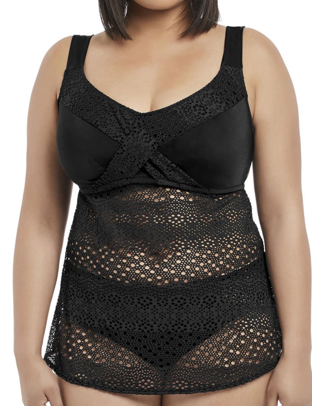 Chill out at the beach in style in this incredible twist-front tankini top by Elomi. From the Indie range, it brings a lightweight sheer crochet fabric that creates swimwear with a sexy and feminine feel. The cups feature a plain opaque fabric with a crochet twist at the bust. It has thick non-adjustable straps and is an easy pull-on style with a full-length fit for extra coverage. This tankini has soft cups that are non-wired and non-padded whilst offering full coverage for a natural look or can be worn over any Elomi bikini top for extra support and uplift. The tankini has an overlapping piece of fabric at the rear which helps this piece fit your curves with ease and lay delicately against your silhouette.  Tankini top Lightweight crochet fabric Soft non-padded non-wired cups Crochet twist detail across the bust Full-length Can be worn over an Elomi bikini bra for extra support and uplift Overlapping feature at rear for easy fit to any shape Country of origin: Tunisia Composition: 88% Nylon/Polyamide &pipe; 12% Elastane Listed in UK sizes  57903-102071-1324425 7535  Non-Padded Tankini Top